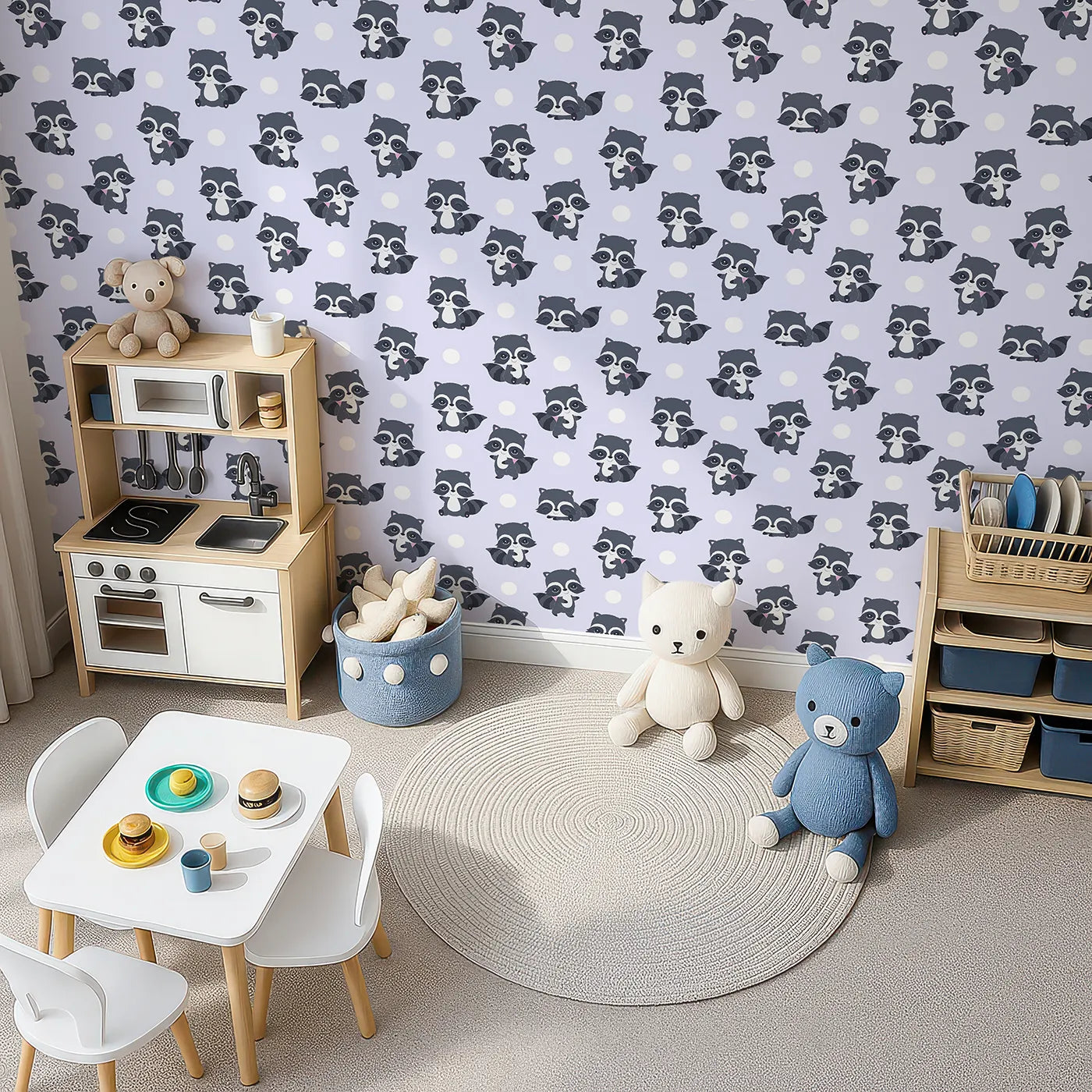 Top-Down view of Whimsy Tots' Playful Raccoon Parade Wallpaper in Purple (W3027E).Charming raccoons and cheerful dots make every wall come alive with joy.