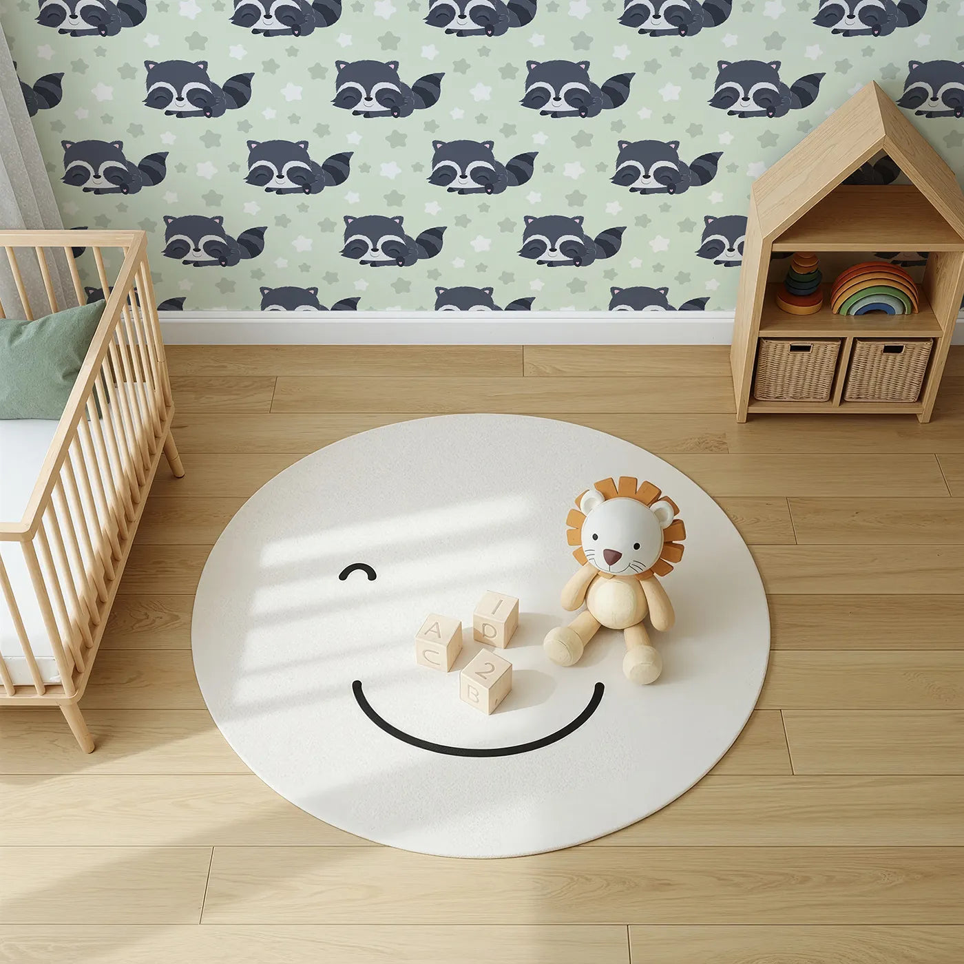 Top-Down view of Whimsy Tots' Raccoon Dream Stars Wallpaper in Green (W3029D).Gentle raccoons and sleepy stars bring sweet dreams to life.