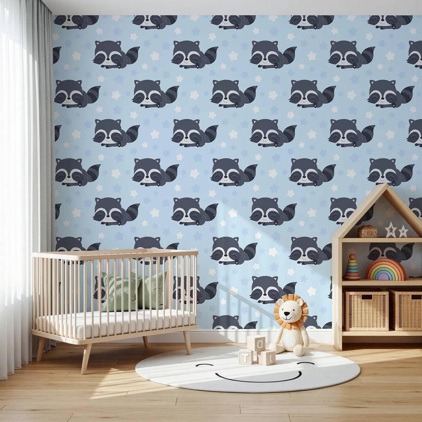 Front view of Whimsy Tots' Raccoon Dream Stars Wallpaper in Blue
