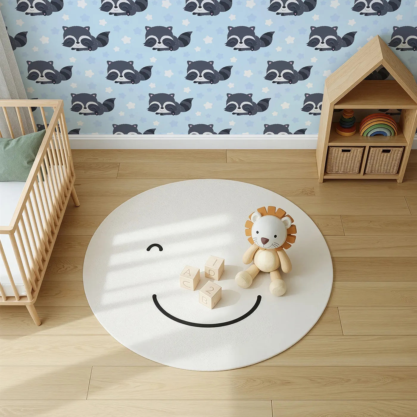 Top-Down view of Whimsy Tots' Raccoon Dream Stars Wallpaper in Blue (W3029E).Gentle raccoons and sleepy stars bring sweet dreams to life.