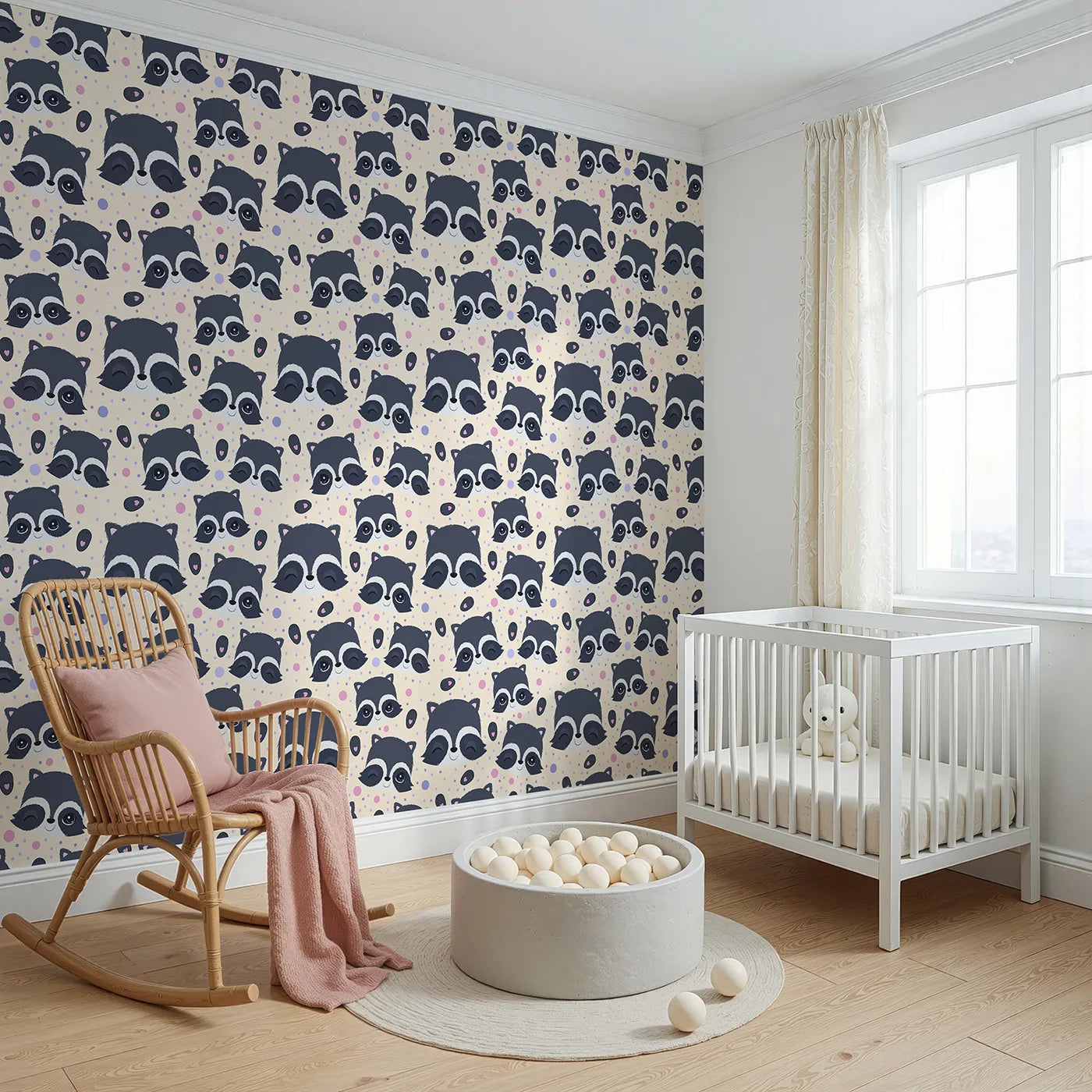 Angled view of Whimsy Tots' Winkie Raccoon Pals Wallpaper in Cream (W3030C).Winking raccoons and soft sprinkles fill the room with joy.