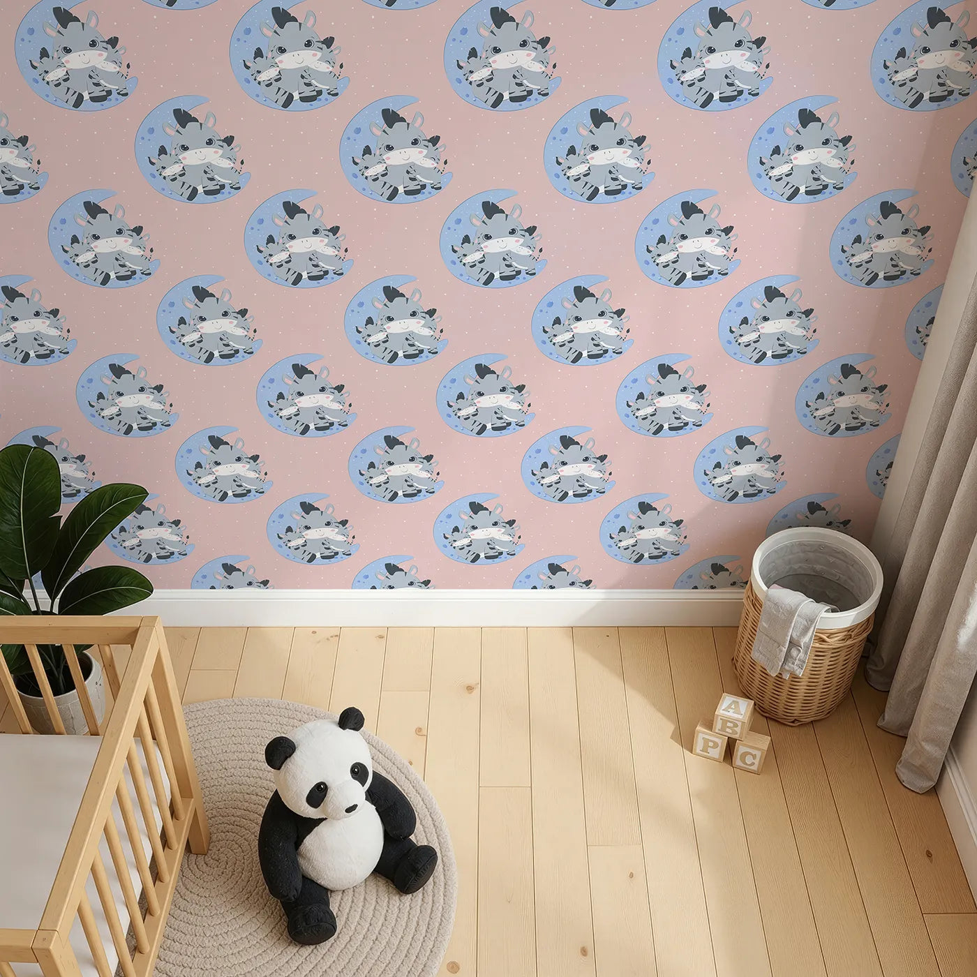 Top-Down view of Whimsy Tots' Moon Cuddles Zebra Wallpaper in Pink (W3031B).A sleepy trio of zebras brings calm under the moonlight.