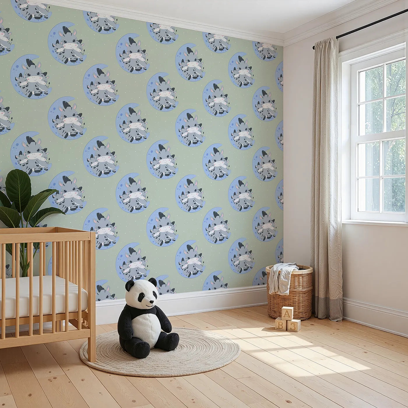 Angled view of Whimsy Tots' Moon Cuddles Zebra Wallpaper in Green (W3031C).A sleepy trio of zebras brings calm under the moonlight.