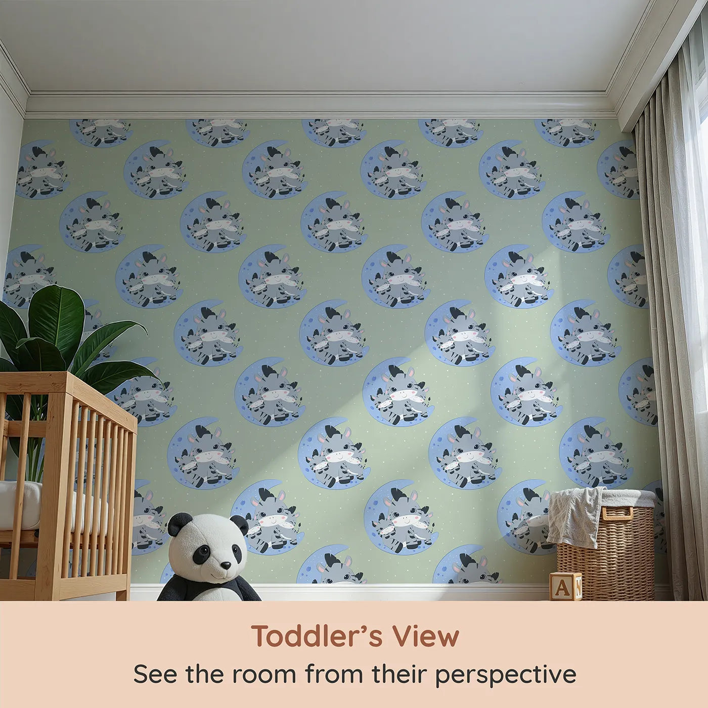 Whimsy Tots Moon Cuddles Zebra Wallpaper in Green (W3031C) from your child's view.A sleepy trio of zebras brings calm under the moonlight.