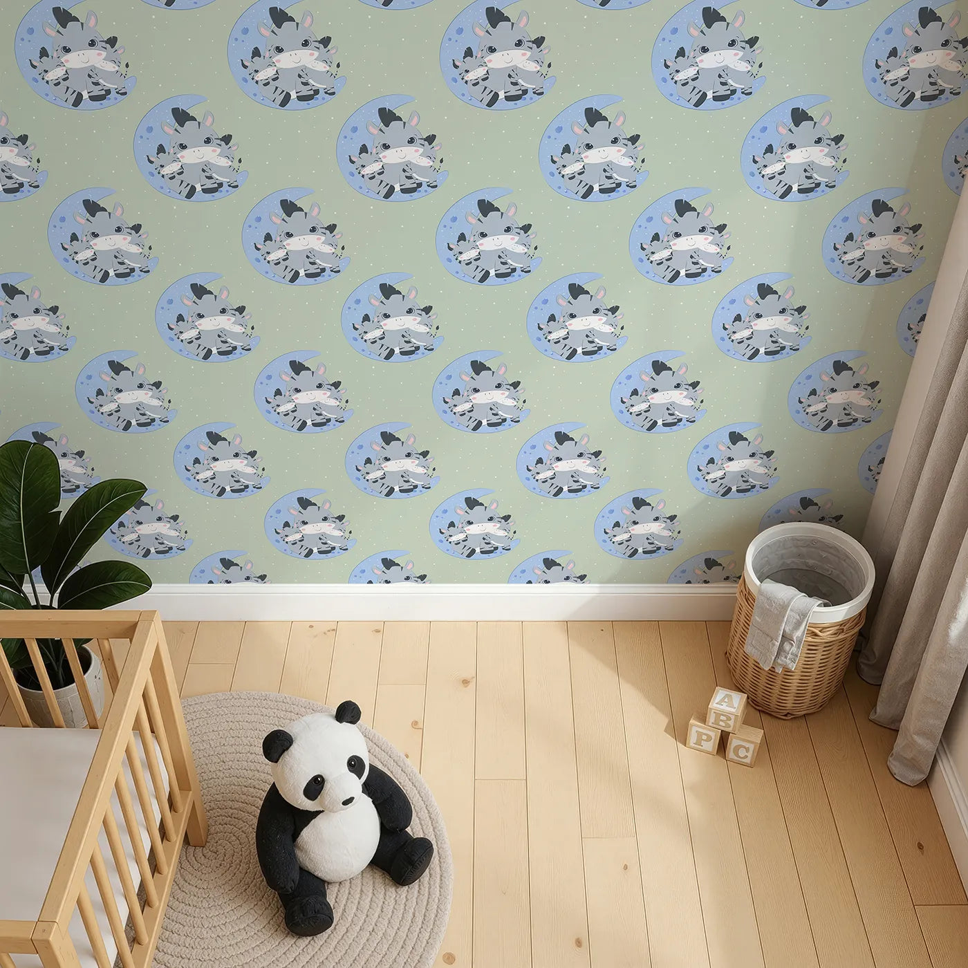 Top-Down view of Whimsy Tots' Moon Cuddles Zebra Wallpaper in Green (W3031C).A sleepy trio of zebras brings calm under the moonlight.