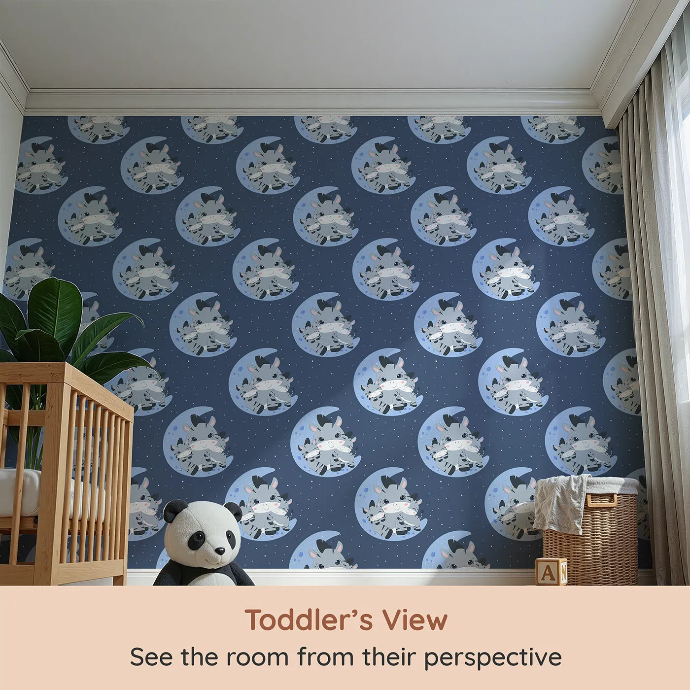 Whimsy Tots Moon Cuddles Zebra Wallpaper in Steel Blue (W3031D) from your child's view.A sleepy trio of zebras brings calm under the moonlight.