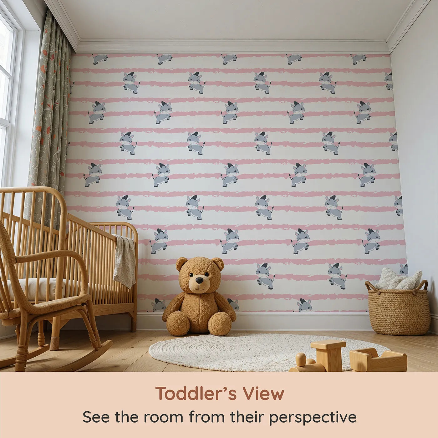 Whimsy Tots Winkie the Zebra Wallpaper in Pink (W3032A) from your child's view.Playful zebras and soft pink brushstrokes bring happy vibes to every wall.