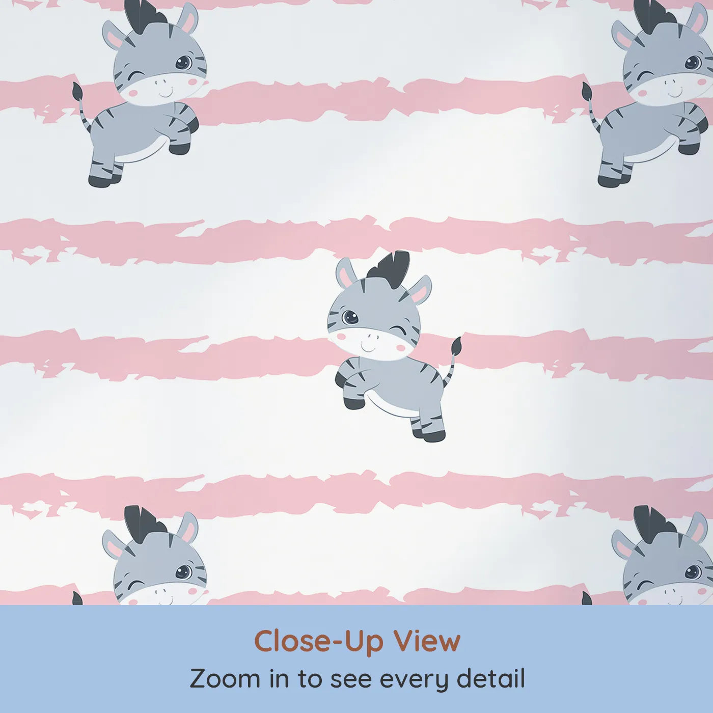 Close-up view of Whimsy Tots' Winkie the Zebra Wallpaper in Pink (W3032A).Playful zebras and soft pink brushstrokes bring happy vibes to every wall.