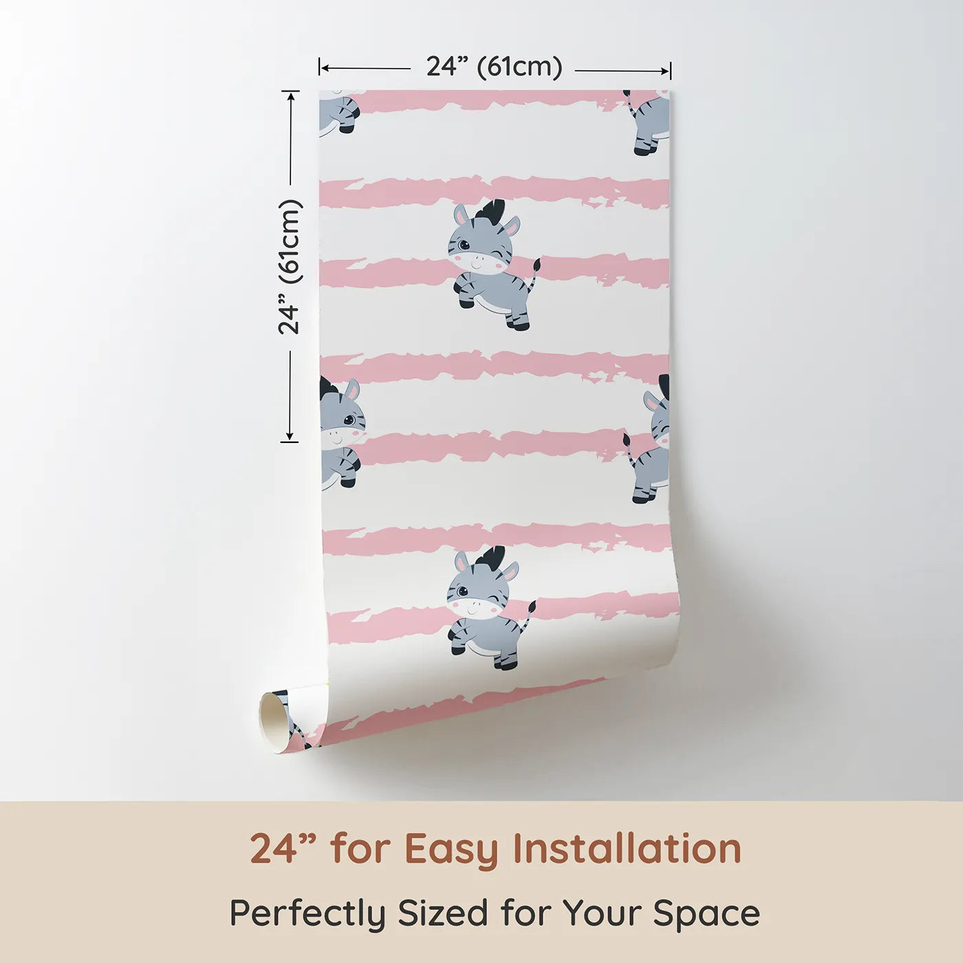 Dimension view of Whimsy Tots Winkie the Zebra Wallpaper in Pink (W3032A). Printed in 24-inch-wide panel for easy installation. Playful zebras and soft pink brushstrokes bring happy vibes to every wall.