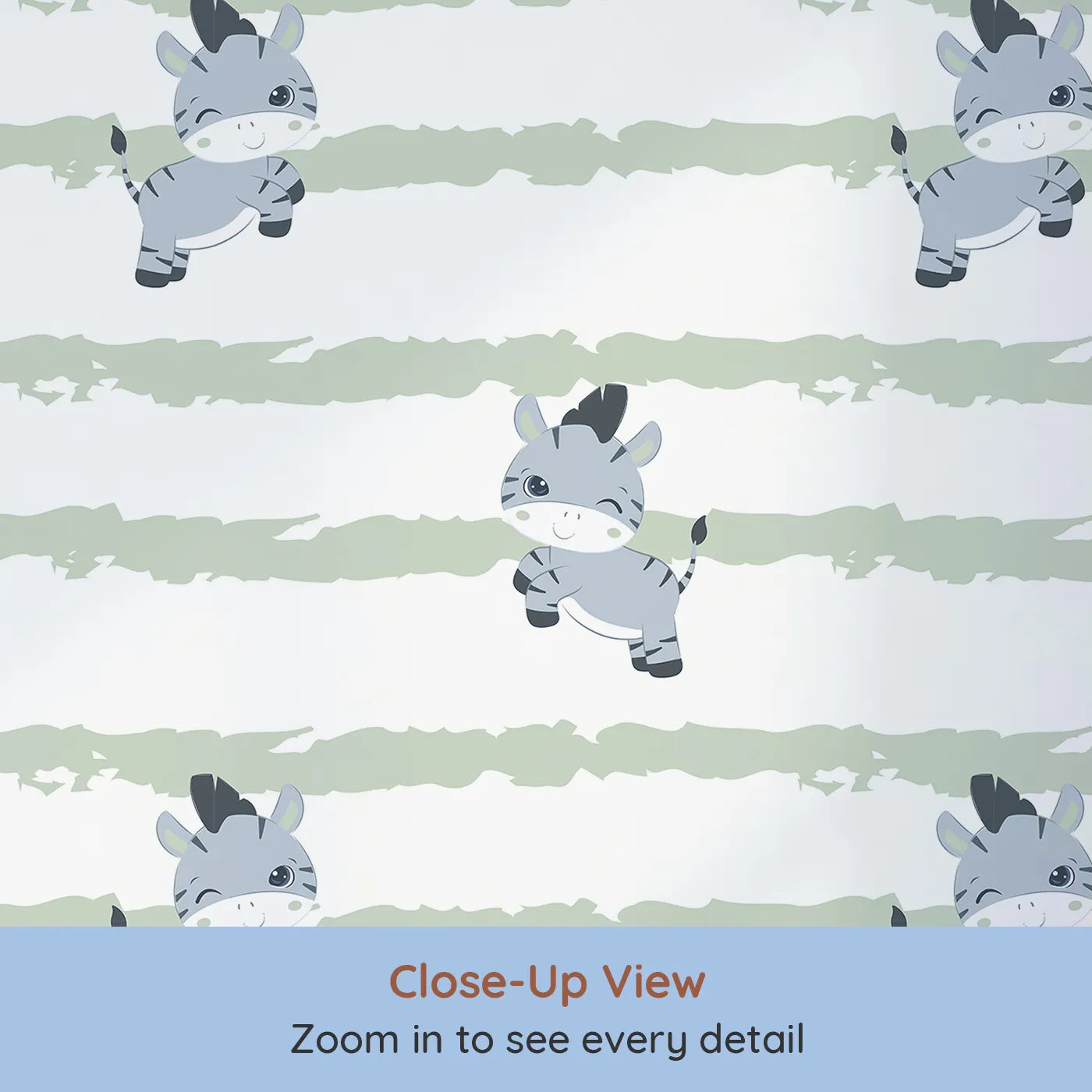 Close-up view of Whimsy Tots' Winkie the Zebra Wallpaper in Sage Green (W3032C).Playful zebras and soft sage brushstrokes bring happy vibes to every wall.