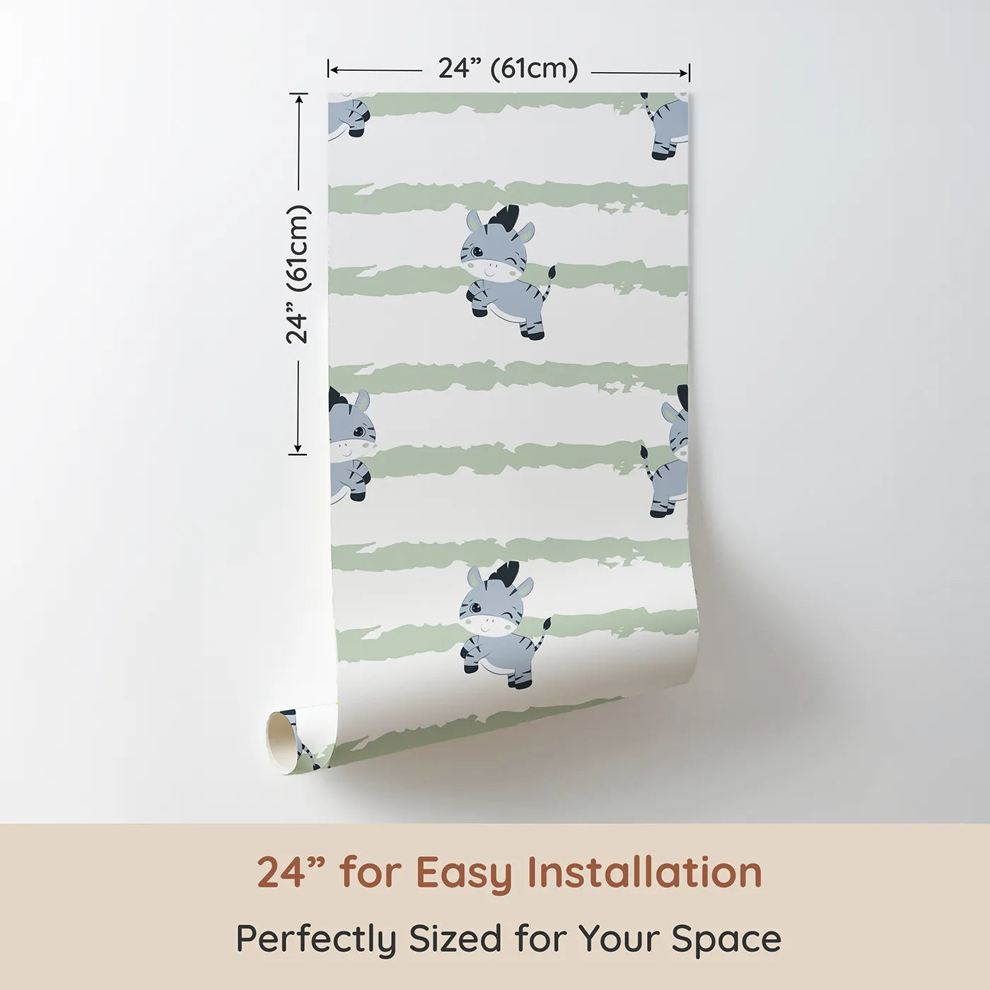Dimension view of Whimsy Tots Winkie the Zebra Wallpaper in Sage Green (W3032C). Printed in 24-inch-wide panel for easy installation. Playful zebras and soft sage brushstrokes bring happy vibes to every wall.