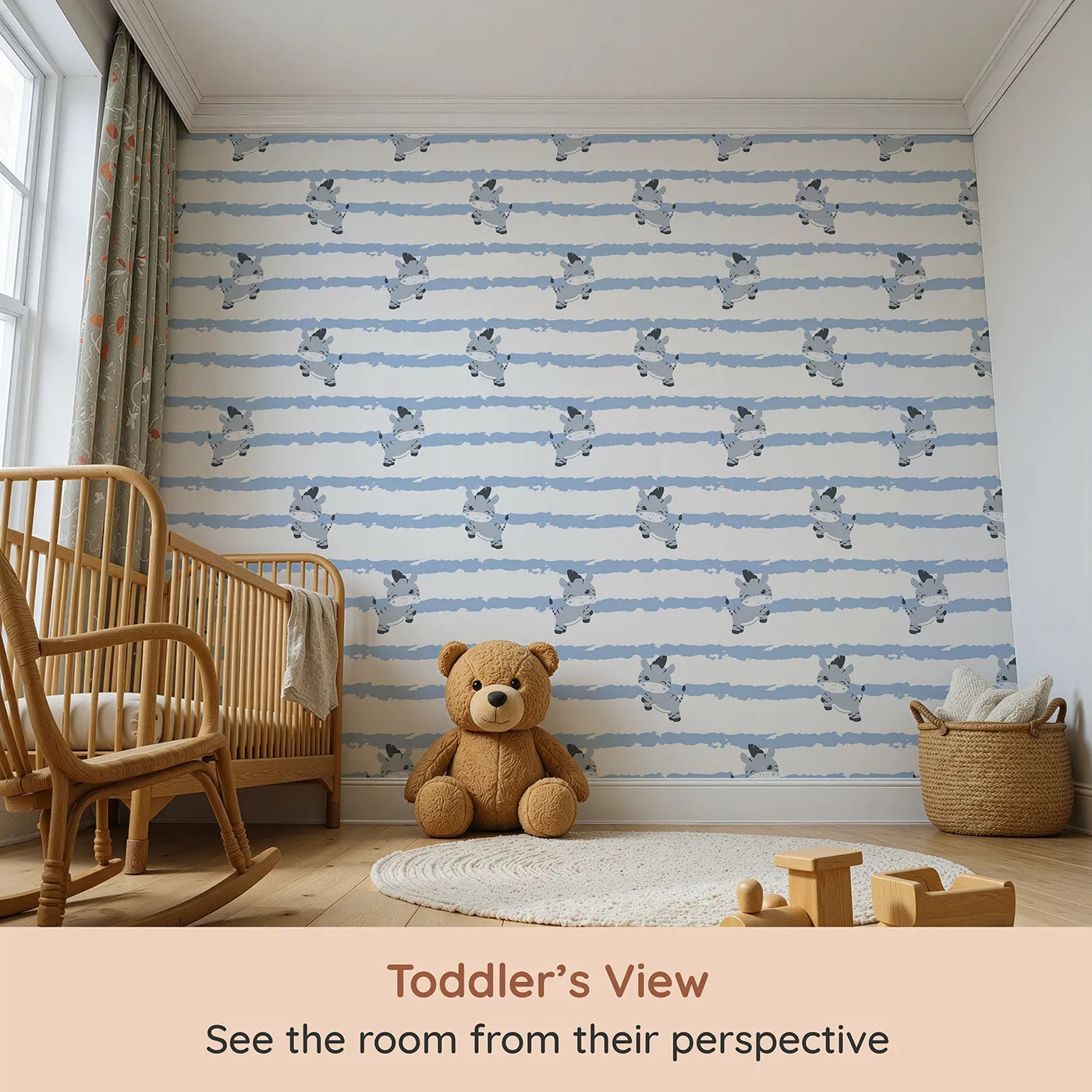 Whimsy Tots Winkie the Zebra Wallpaper in Blue (W3032D) from your child's view.Playful zebras and soft blue brushstrokes bring happy vibes to every wall.