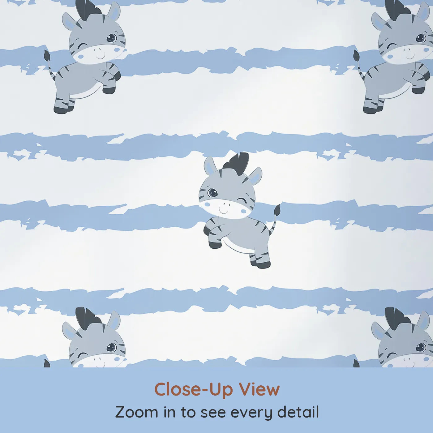 Close-up view of Whimsy Tots' Winkie the Zebra Wallpaper in Blue (W3032D).Playful zebras and soft blue brushstrokes bring happy vibes to every wall.