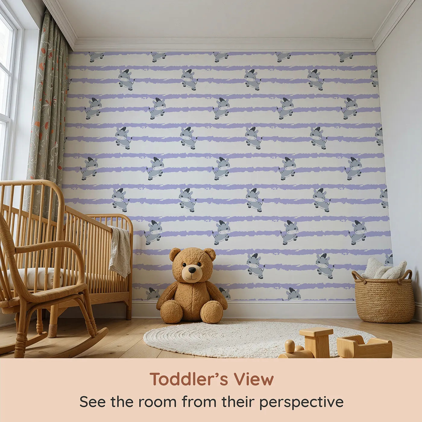 Whimsy Tots Winkie the Zebra Wallpaper in Purple (W3032E) from your child's view.Playful zebras and soft purple brushstrokes bring happy vibes to every wall.