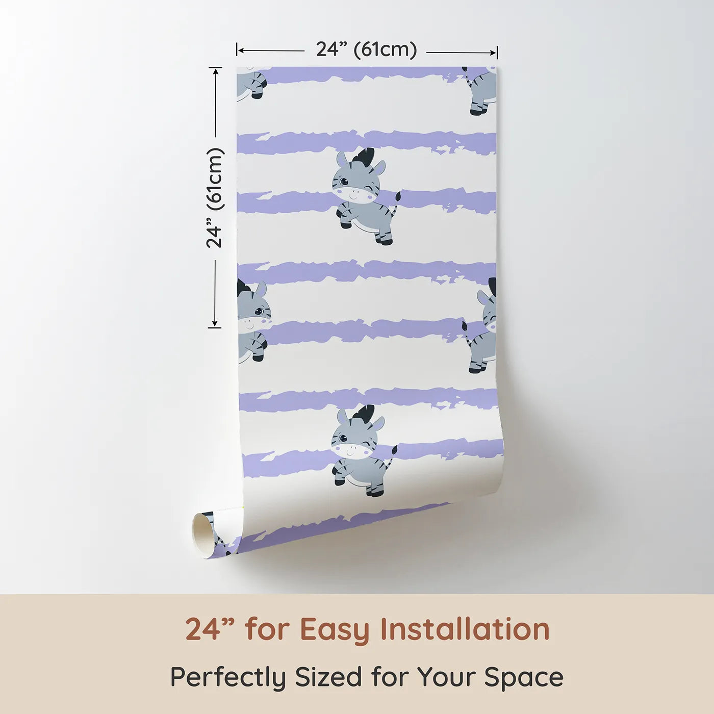 Dimension view of Whimsy Tots Winkie the Zebra Wallpaper in Purple (W3032E). Printed in 24-inch-wide panel for easy installation. Playful zebras and soft purple brushstrokes bring happy vibes to every wall.