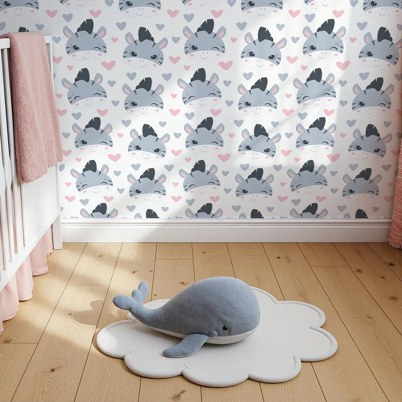 Top-Down view of Whimsy Tots' Zebra Snuggle Smiles Wallpaper in Pink (W3033A).Winking zebras and floating hearts create a world full of joy.