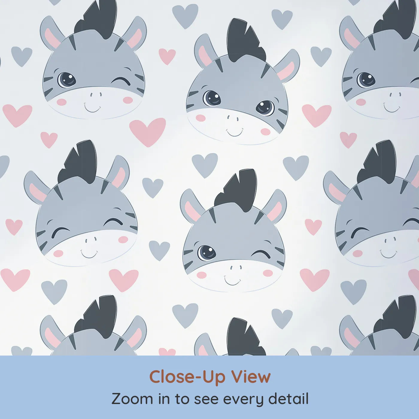 Close-up view of Whimsy Tots' Zebra Snuggle Smiles Wallpaper in Pink (W3033A).Winking zebras and floating hearts create a world full of joy.