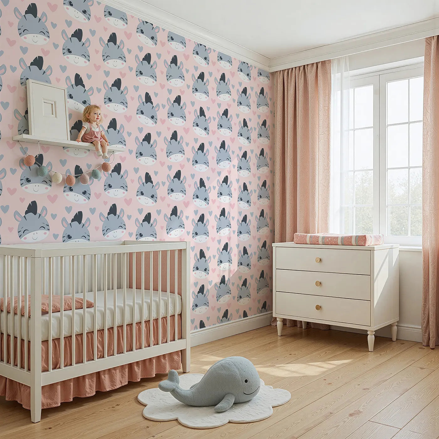 Angled view of Whimsy Tots' Zebra Snuggle Smiles Wallpaper in Blush Pink (W3033B).Winking zebras and floating hearts create a world full of joy.