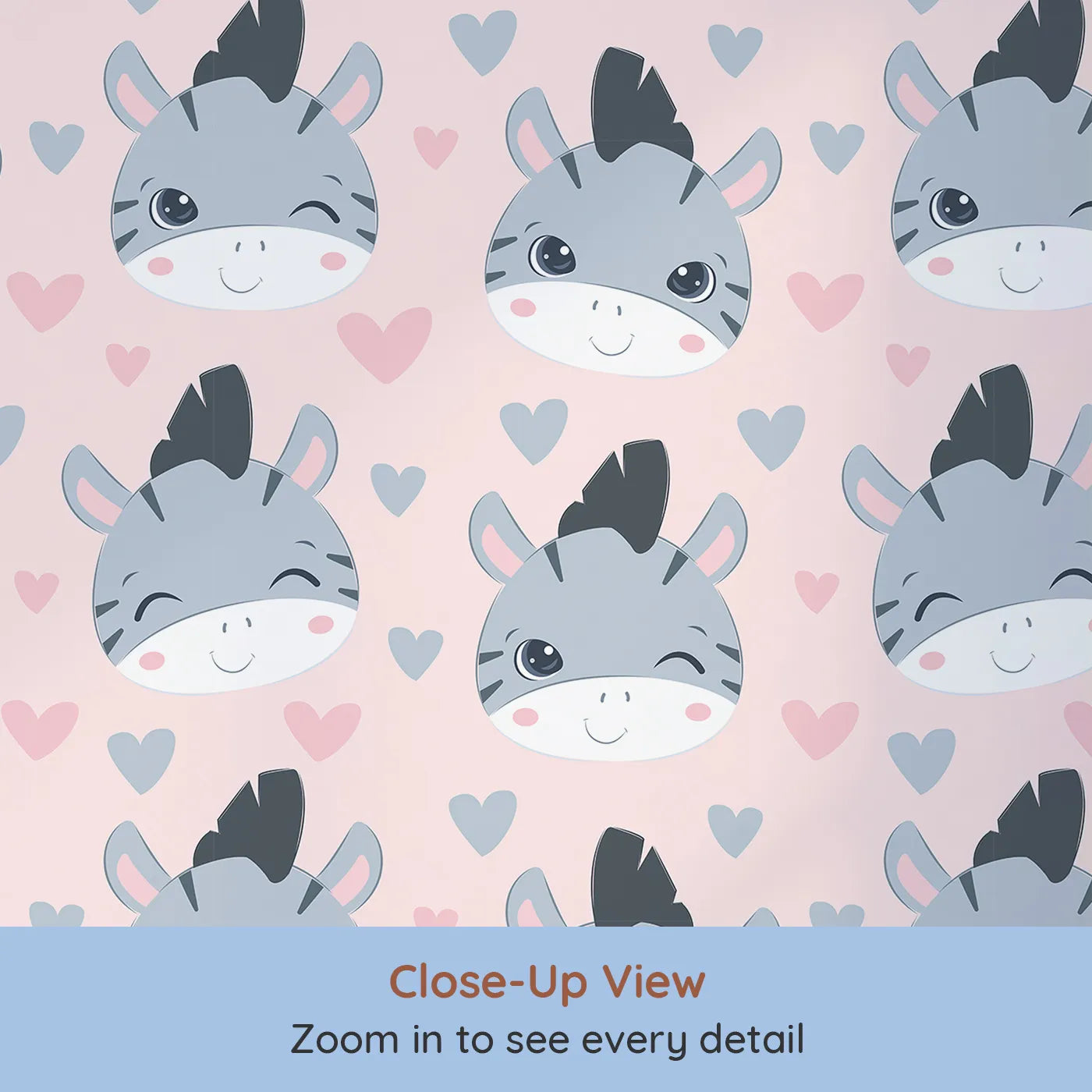 Close-up view of Whimsy Tots' Zebra Snuggle Smiles Wallpaper in Blush Pink (W3033B).Winking zebras and floating hearts create a world full of joy.