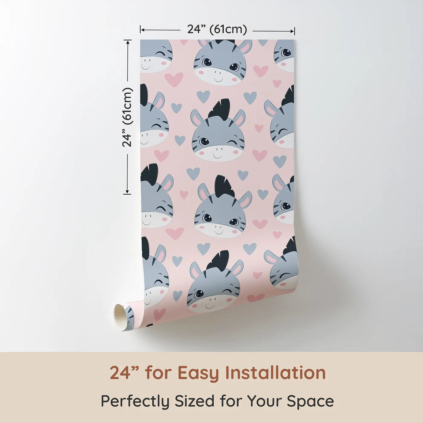 Dimension view of Whimsy Tots Zebra Snuggle Smiles Wallpaper in Blush Pink (W3033B). Printed in 24-inch-wide panel for easy installation. Winking zebras and floating hearts create a world full of joy.