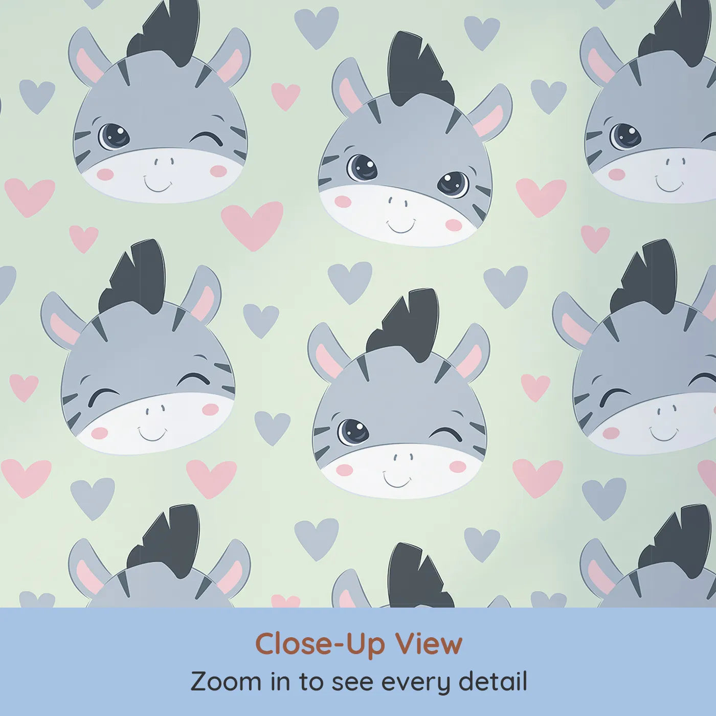 Close-up view of Whimsy Tots' Zebra Snuggle Smiles Wallpaper in Green (W3033D).Winking zebras and floating hearts create a world full of joy.