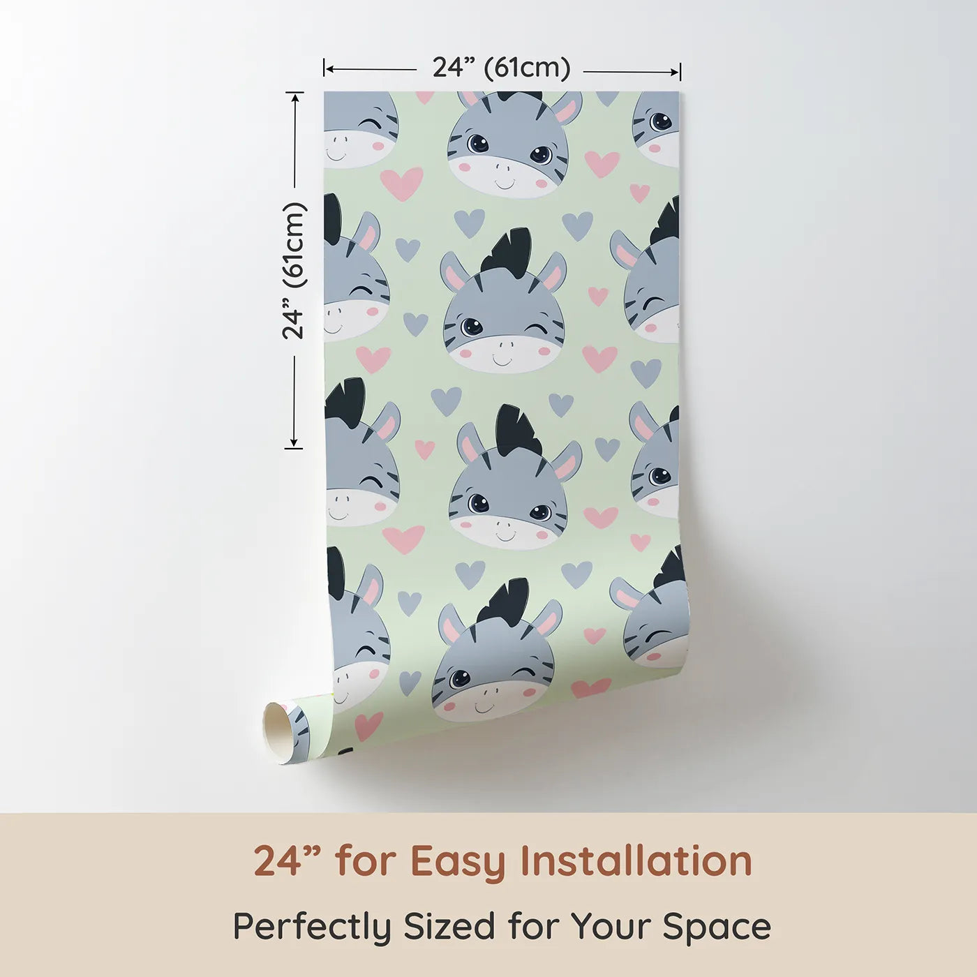 Dimension view of Whimsy Tots Zebra Snuggle Smiles Wallpaper in Green (W3033D). Printed in 24-inch-wide panel for easy installation. Winking zebras and floating hearts create a world full of joy.