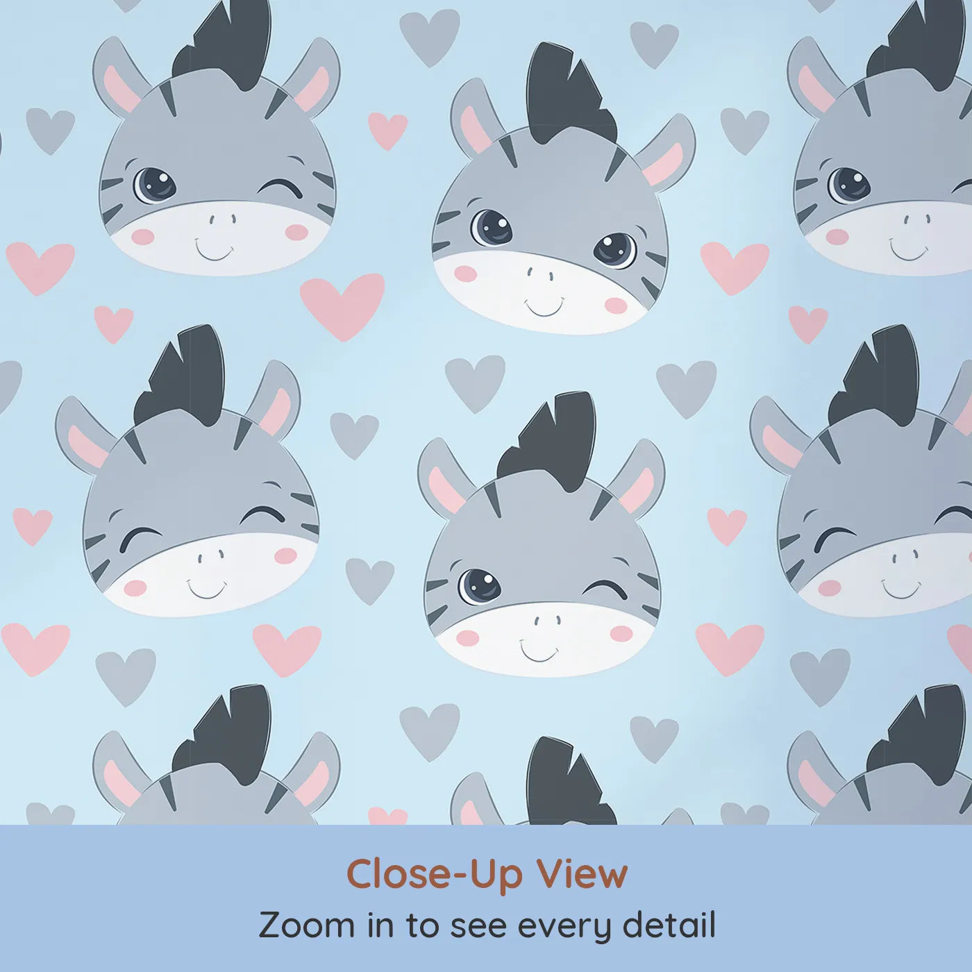 Close-up view of Whimsy Tots' Zebra Snuggle Smiles Wallpaper in Blue (W3033E).Winking zebras and floating hearts create a world full of joy.