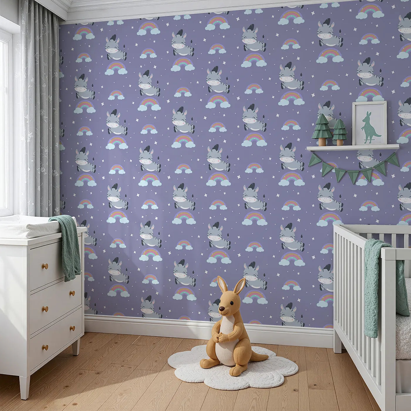 Angled view of Whimsy Tots' Rainbow Dreamy Zebra Wallpaper in Purple (W3034A).Smiling zebras leap across rainbows in a magical bedtime sky.