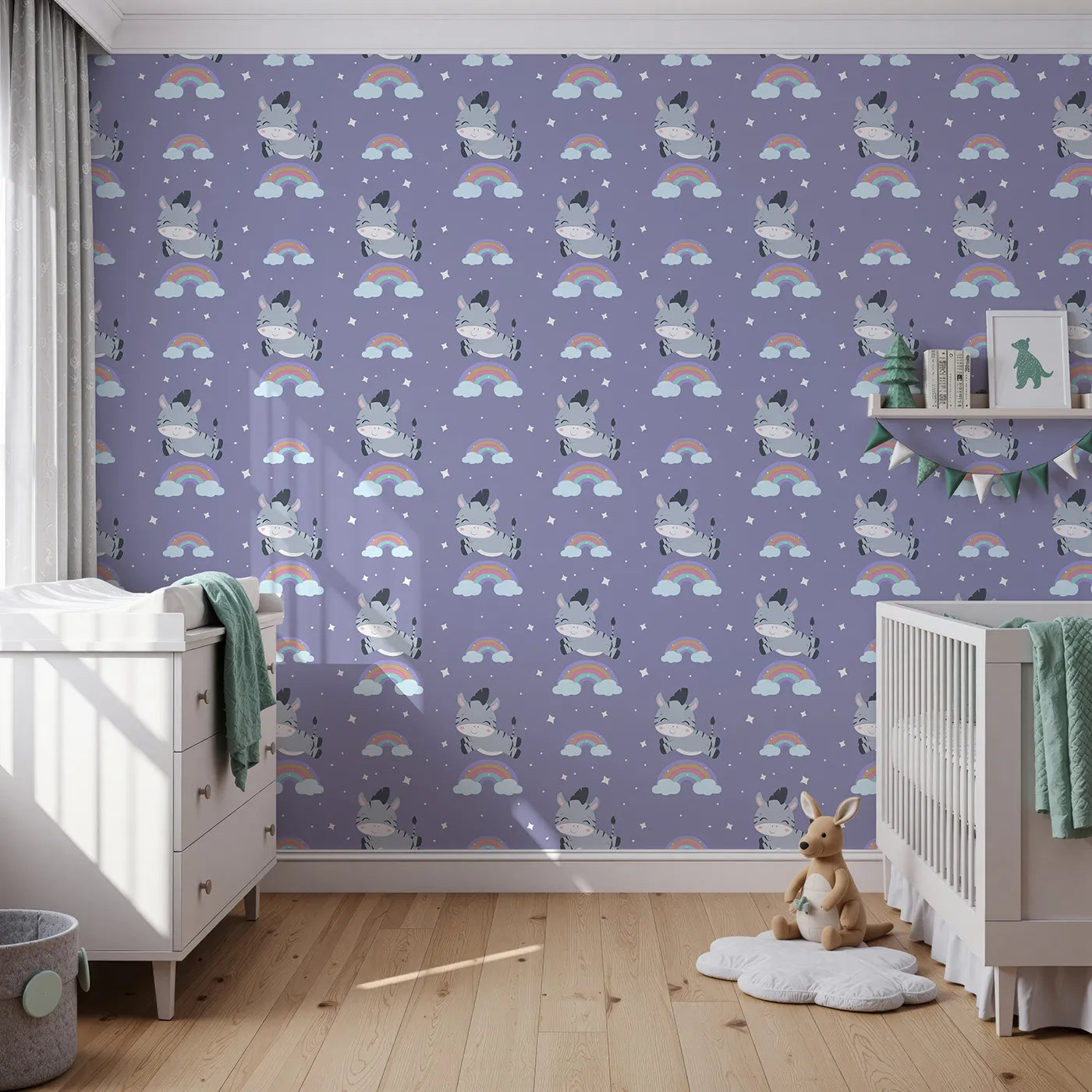 Front view of Whimsy Tots' Rainbow Dreamy Zebra Wallpaper in Purple