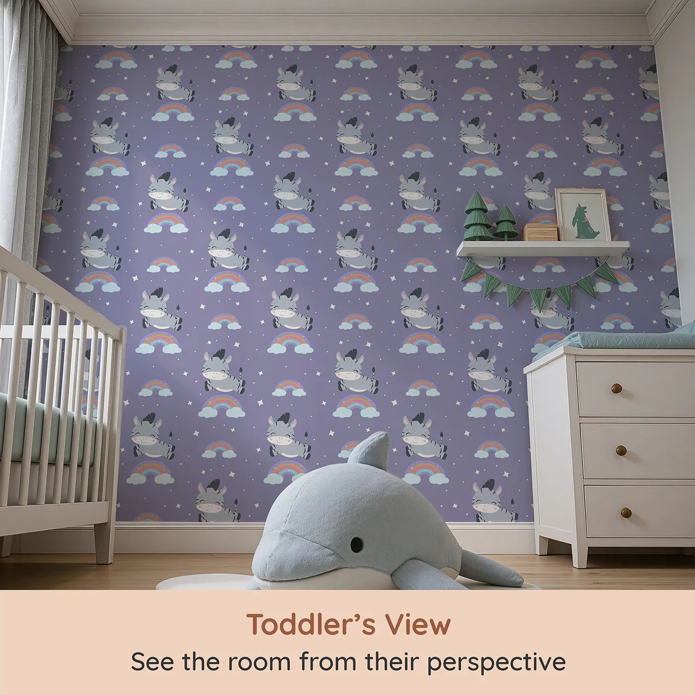 Whimsy Tots Rainbow Dreamy Zebra Wallpaper in Purple (W3034A) from your child's view.Smiling zebras leap across rainbows in a magical bedtime sky.