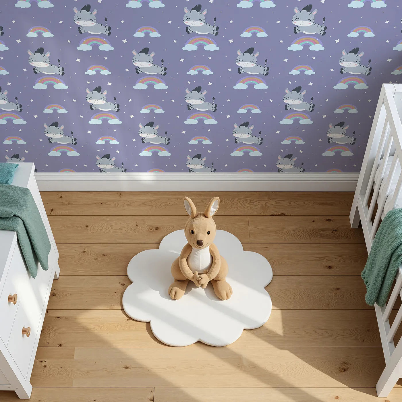 Top-Down view of Whimsy Tots' Rainbow Dreamy Zebra Wallpaper in Purple (W3034A).Smiling zebras leap across rainbows in a magical bedtime sky.