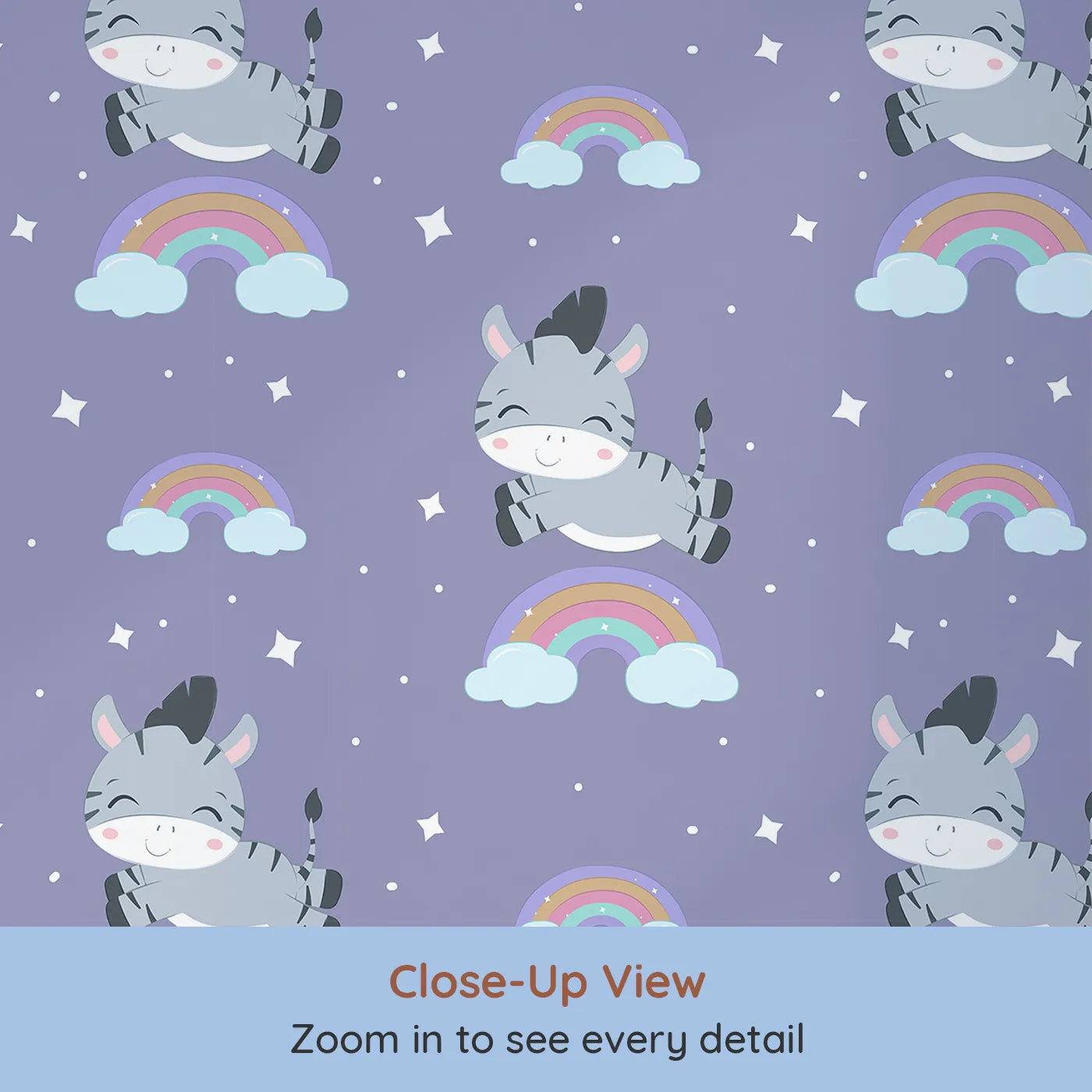 Close-up view of Whimsy Tots' Rainbow Dreamy Zebra Wallpaper in Purple (W3034A).Smiling zebras leap across rainbows in a magical bedtime sky.