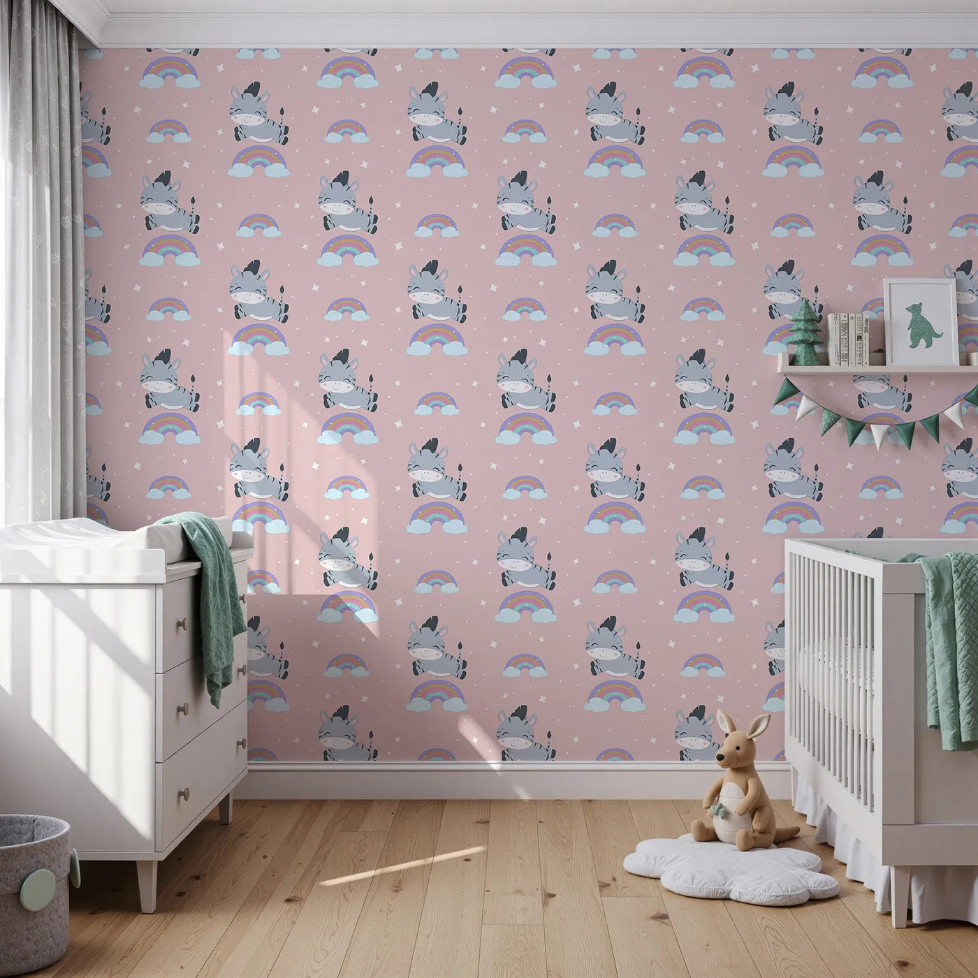 Front view of Whimsy Tots' Rainbow Dreamy Zebra Wallpaper in Pink