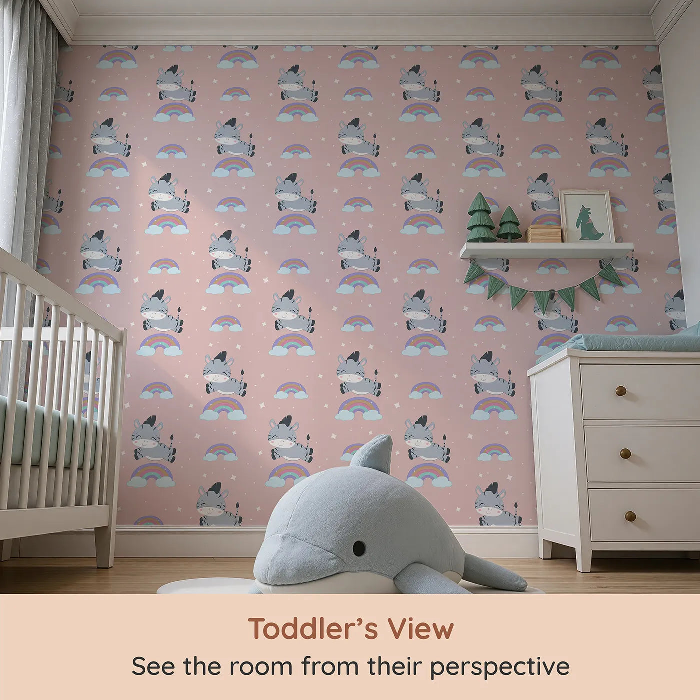 Whimsy Tots Rainbow Dreamy Zebra Wallpaper in Pink (W3034B) from your child's view.Smiling zebras leap across rainbows in a magical bedtime sky.