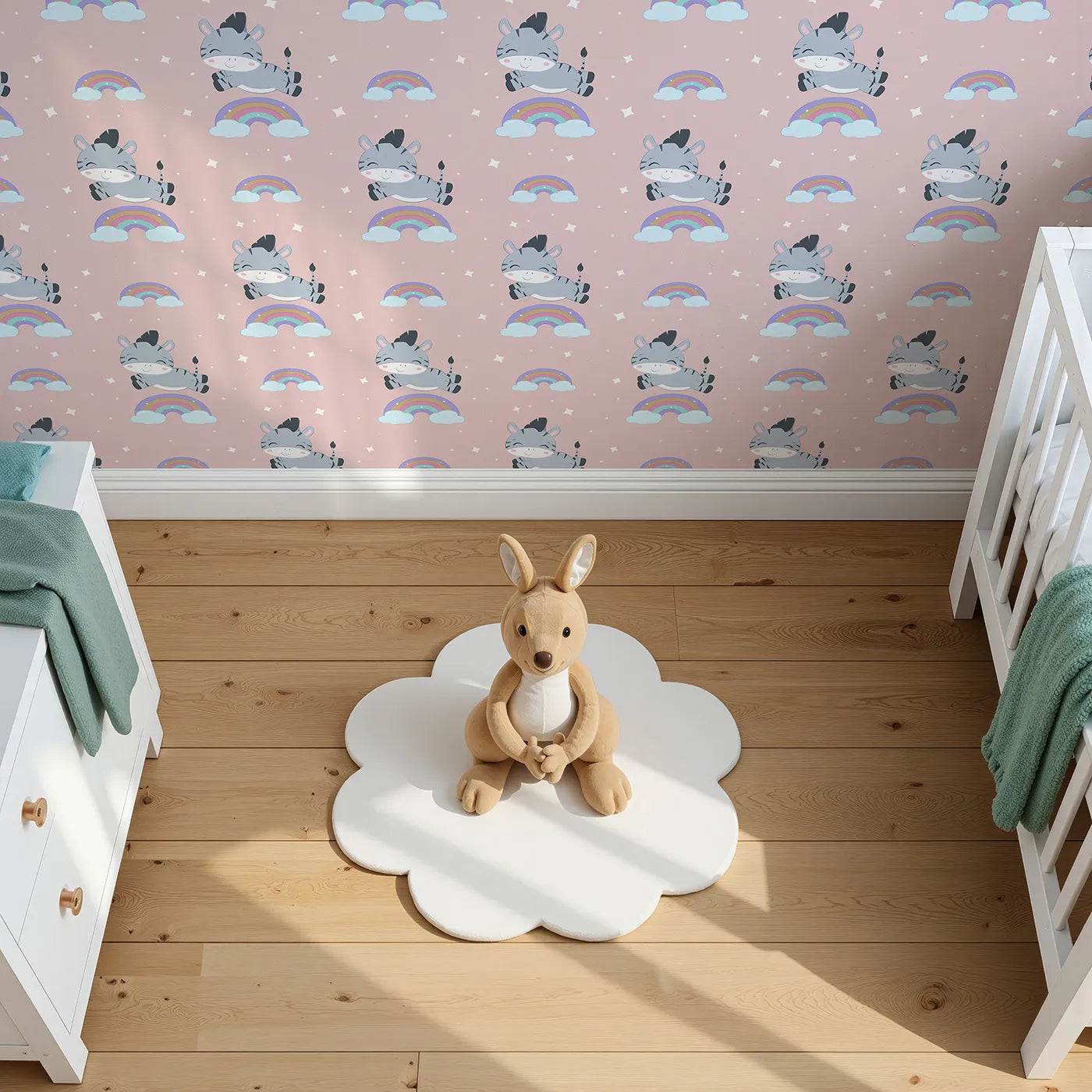 Top-Down view of Whimsy Tots' Rainbow Dreamy Zebra Wallpaper in Pink (W3034B).Smiling zebras leap across rainbows in a magical bedtime sky.