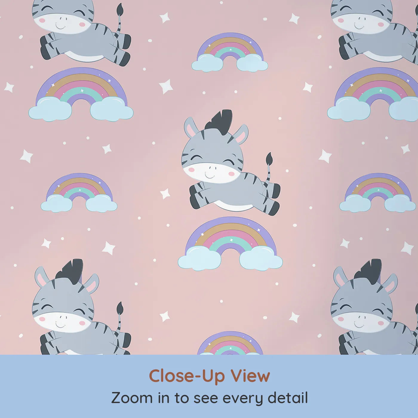Close-up view of Whimsy Tots' Rainbow Dreamy Zebra Wallpaper in Pink (W3034B).Smiling zebras leap across rainbows in a magical bedtime sky.