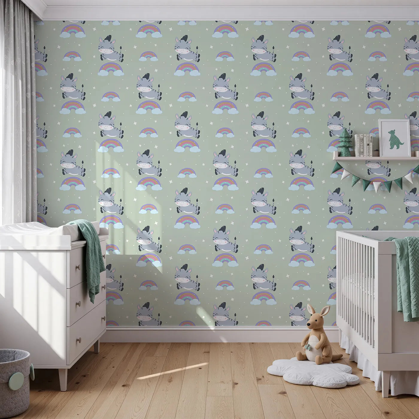 Front view of Whimsy Tots' Rainbow Dreamy Zebra Wallpaper in Green
