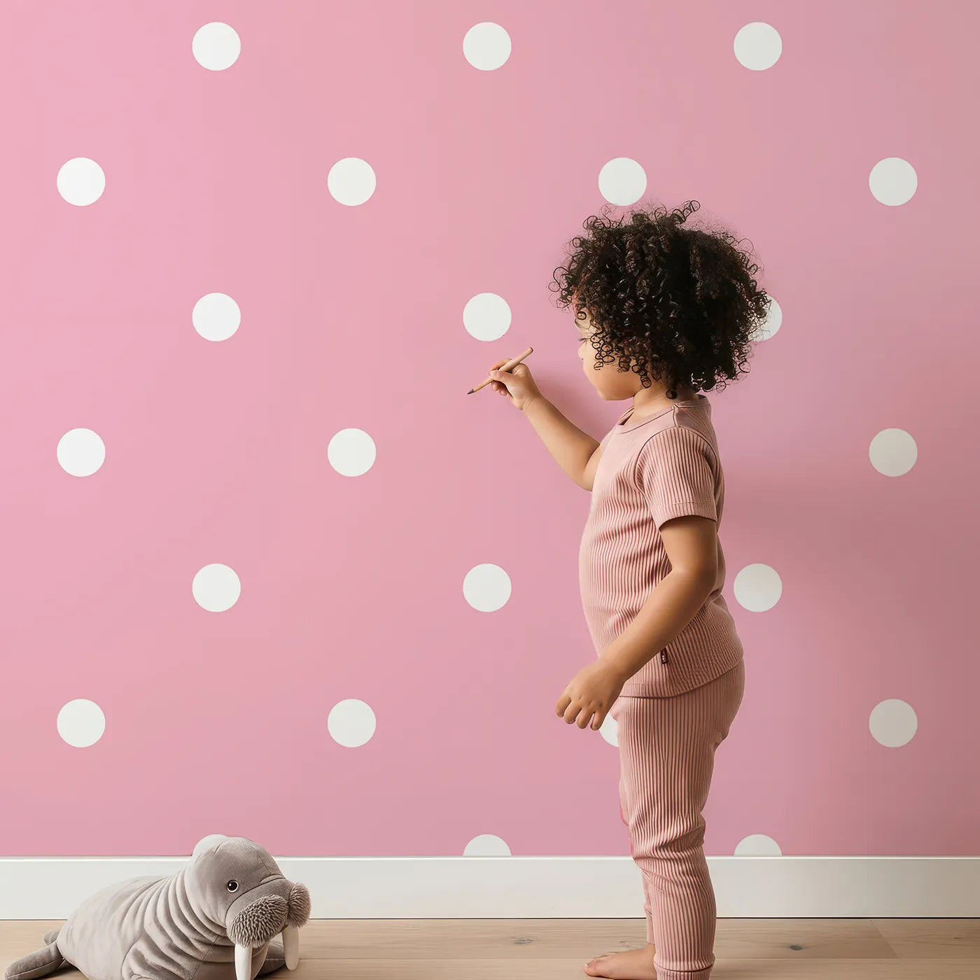 Lovely child standing in front of Whimsy Tots Polka Dot Whimsy Wallpaper in Pink with dot, polka in design.