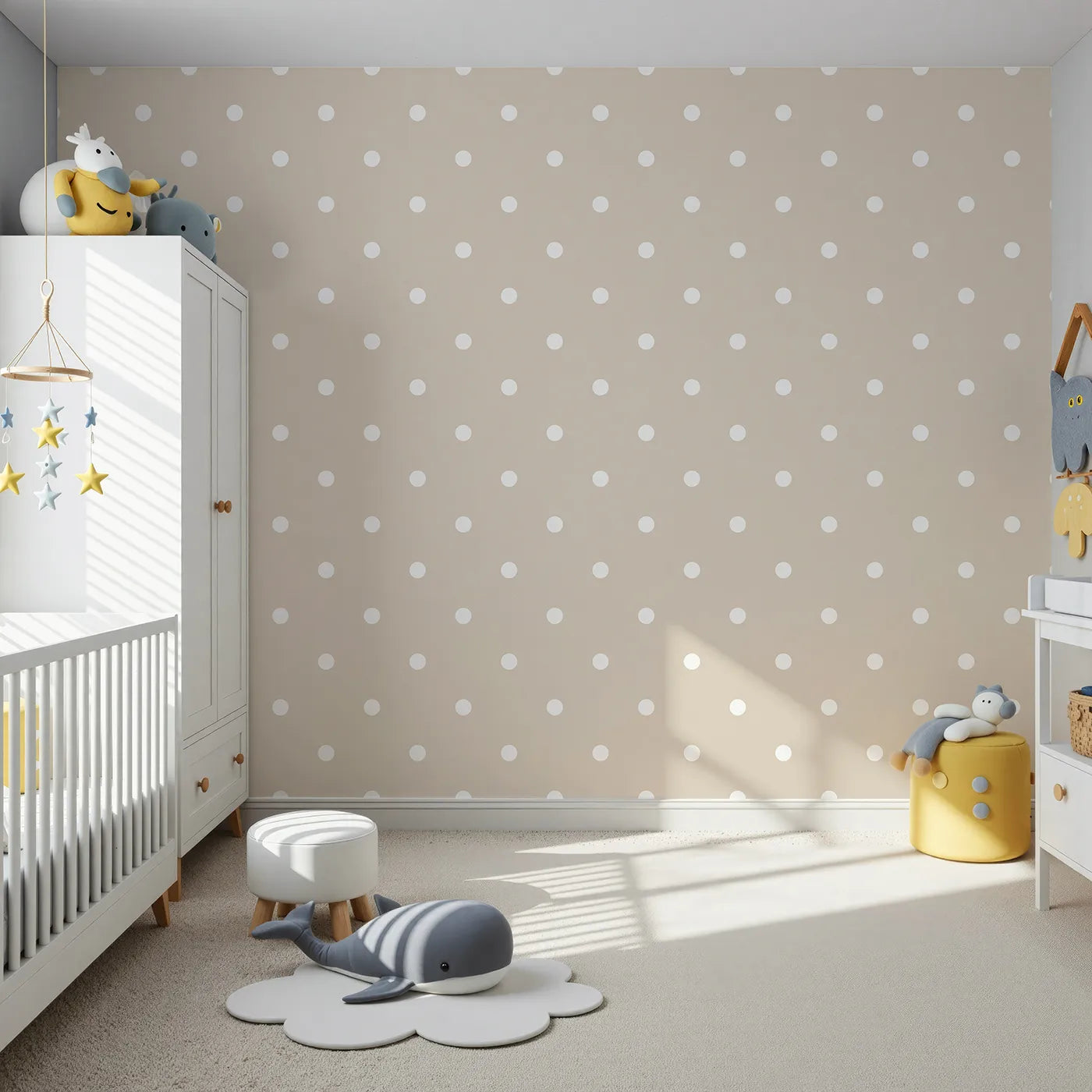 Front view of Whimsy Tots' Polka Dot Whimsy Wallpaper in Beige