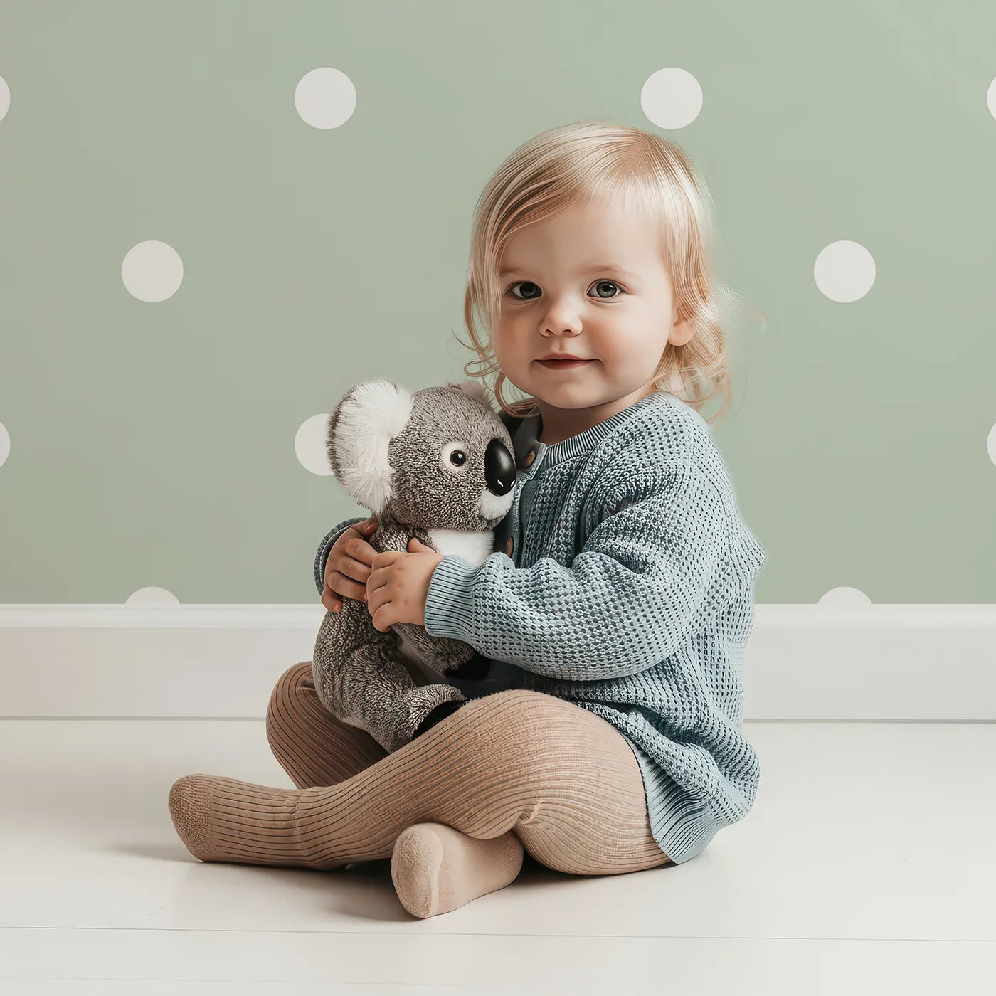 Lovely child standing in front of Whimsy Tots Polka Dot Whimsy Wallpaper in Sage Green with dot, polka in design.