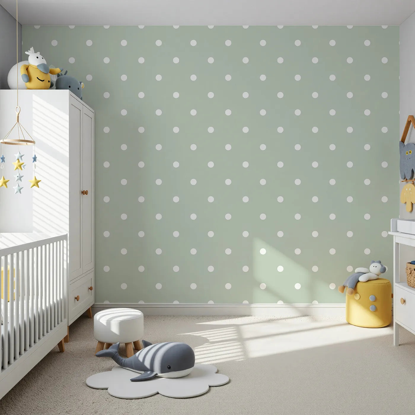 Front view of Whimsy Tots' Polka Dot Whimsy Wallpaper in Sage Green