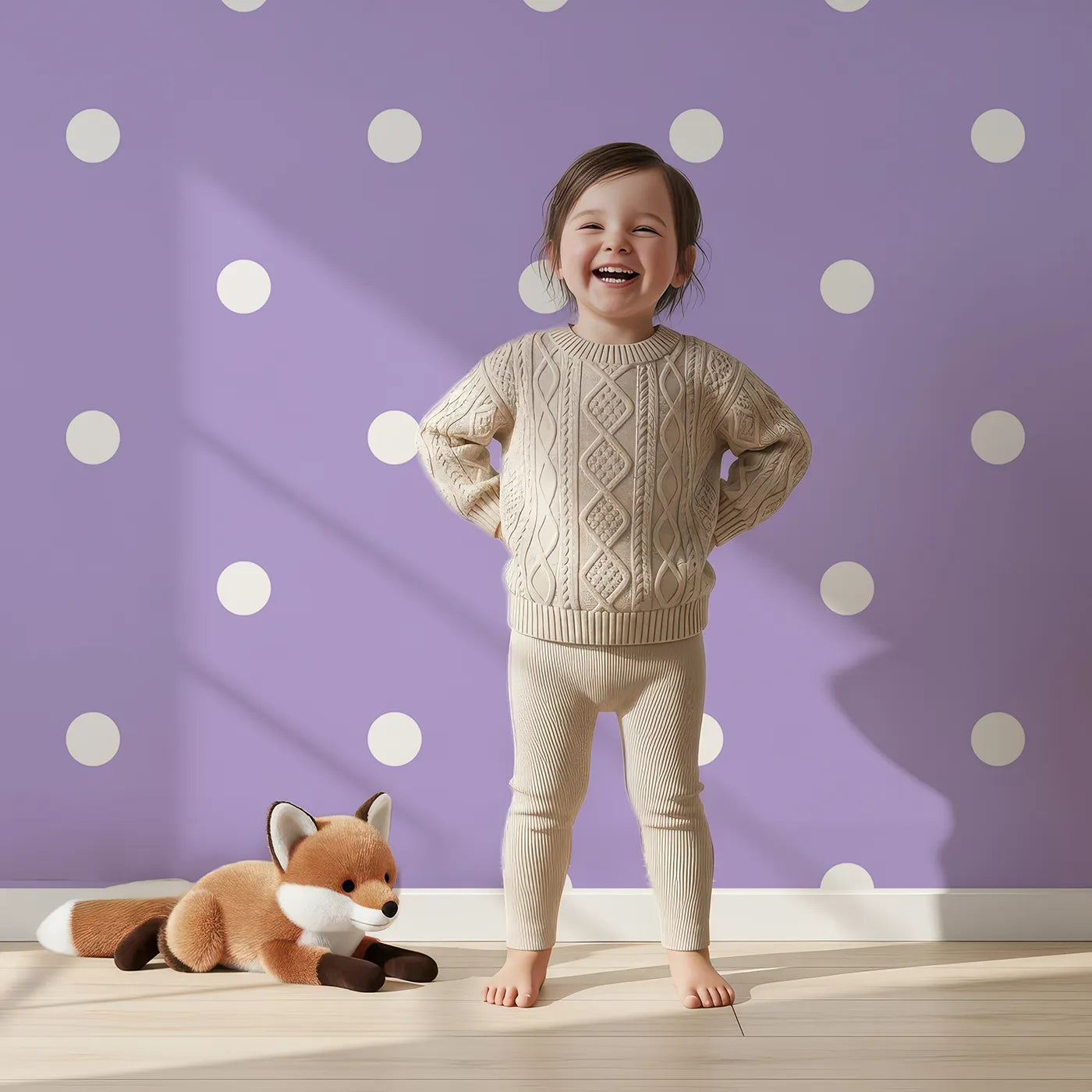 Lovely child standing in front of Whimsy Tots Polka Dot Whimsy Wallpaper in Lavender with dot, polka in design.