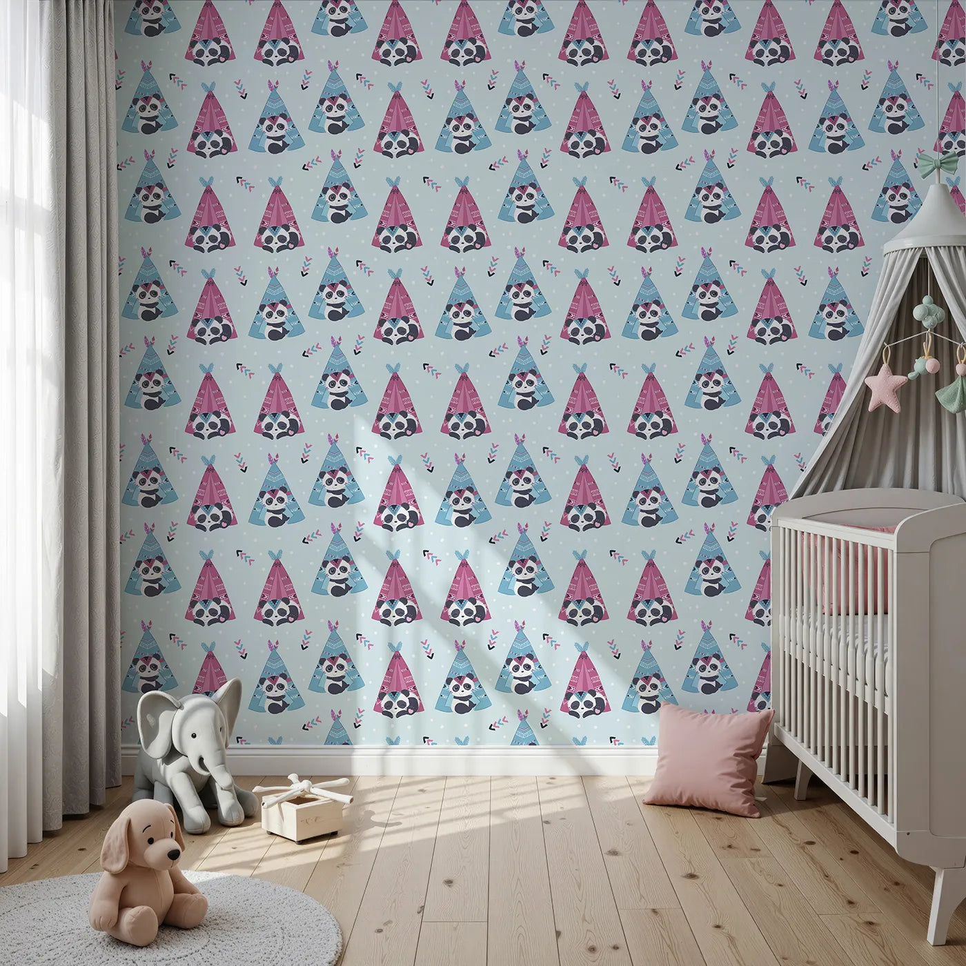Front view of Whimsy Tots' Tribal Camp Panda Wallpaper in Blue