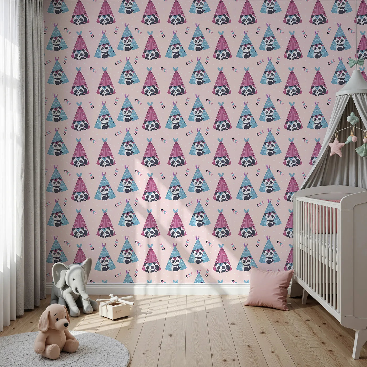 Front view of Whimsy Tots' Tribal Camp Panda Wallpaper in Pink