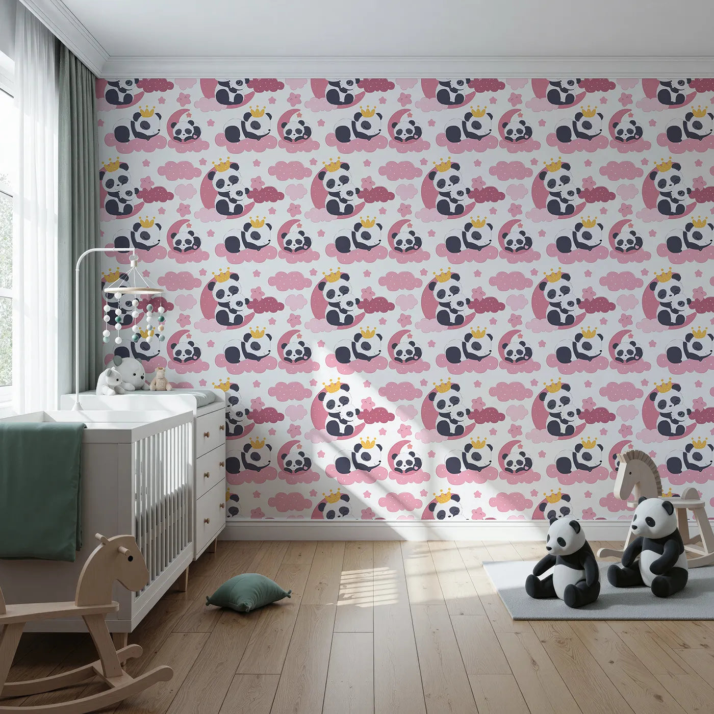 Front view of Whimsy Tots' Panda Dreamclouds Wallpaper in Pink