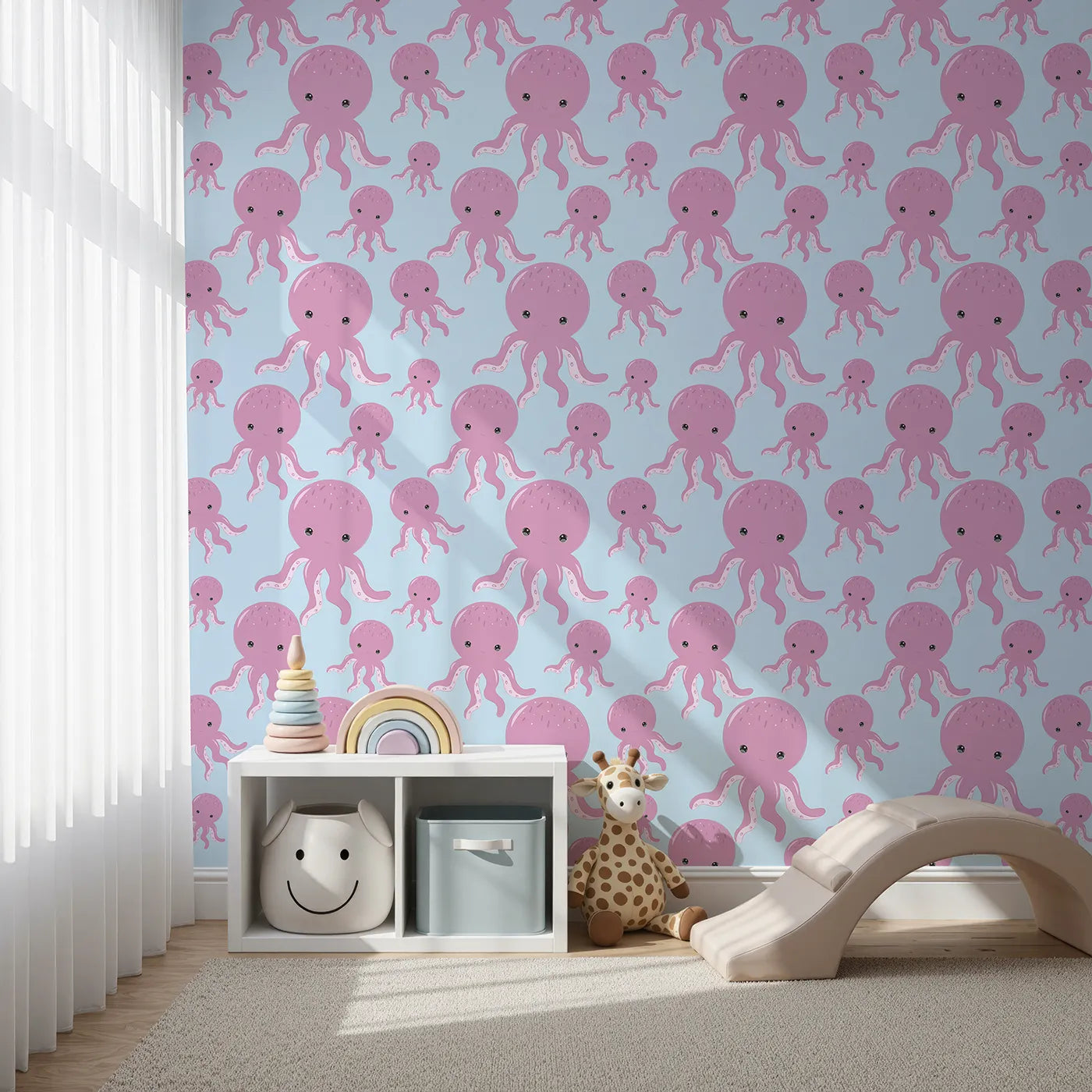 Front view of Whimsy Tots' Ocean Bubbles Octopus Wallpaper in Blue