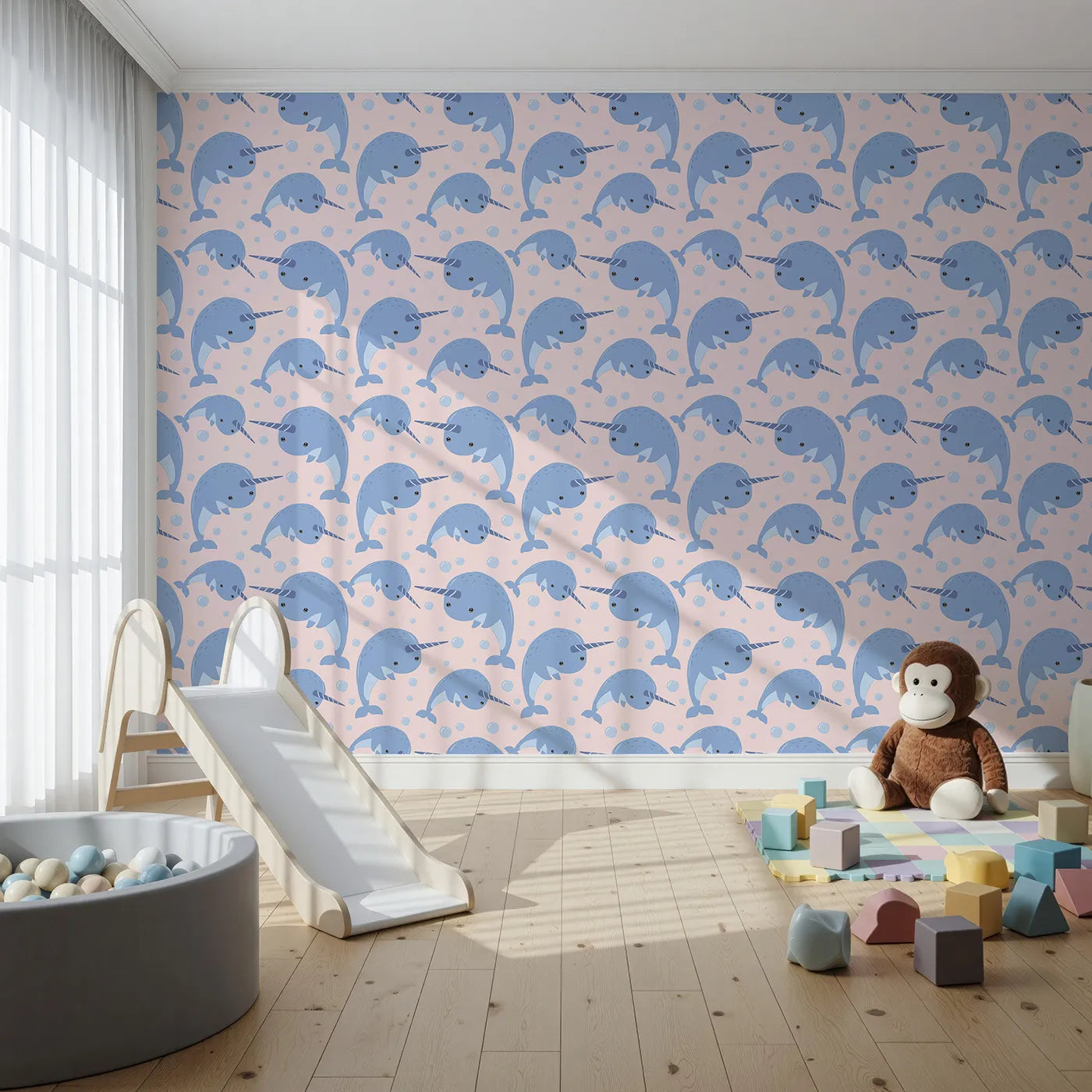 Front view of Whimsy Tots' Bubbly Narwhal Parade Wallpaper in Blue
