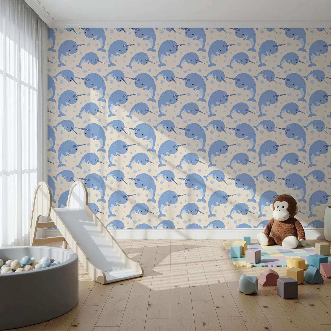 Front view of Whimsy Tots' Bubbly Narwhal Parade Wallpaper in Beige