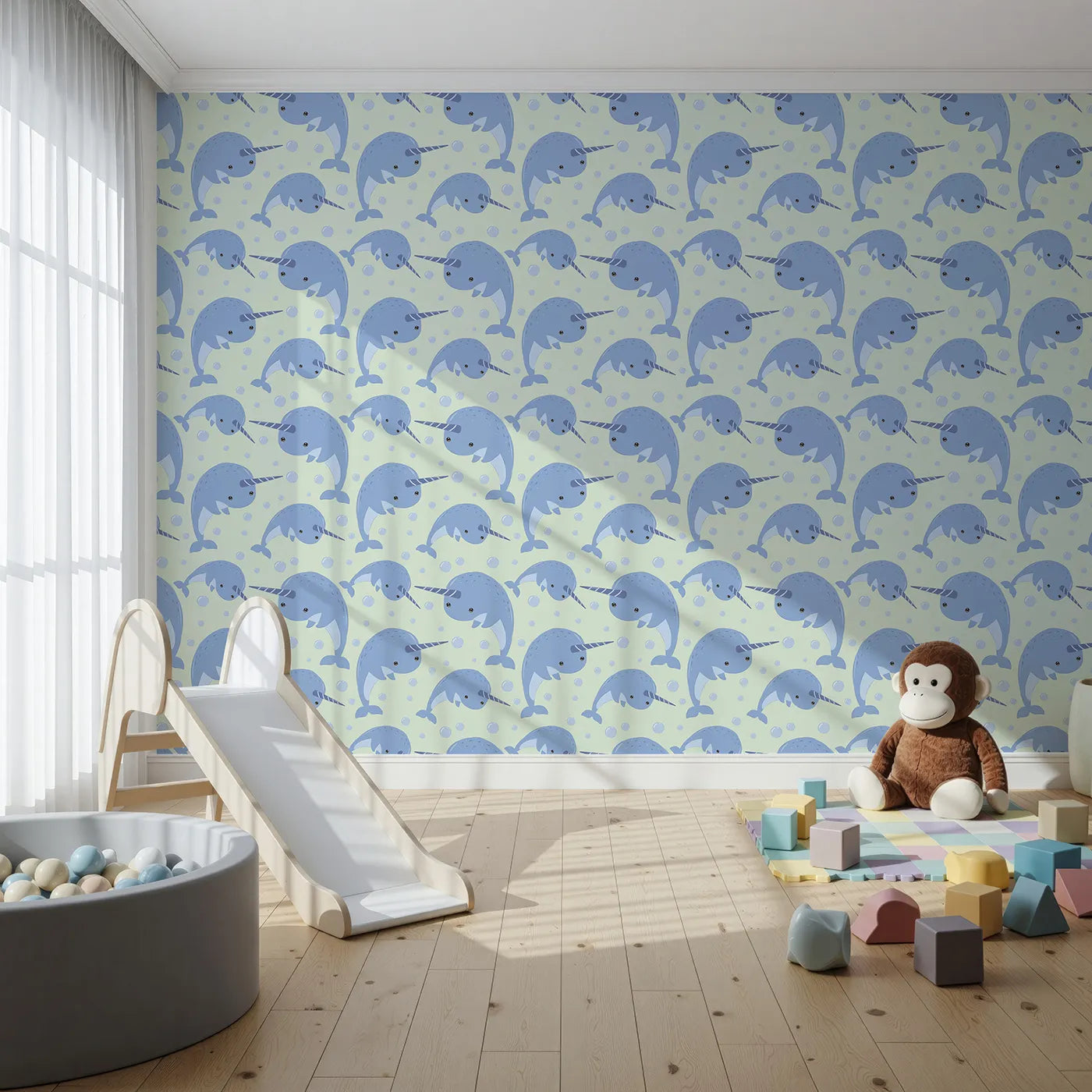 Front view of Whimsy Tots' Bubbly Narwhal Parade Wallpaper in Mint Green
