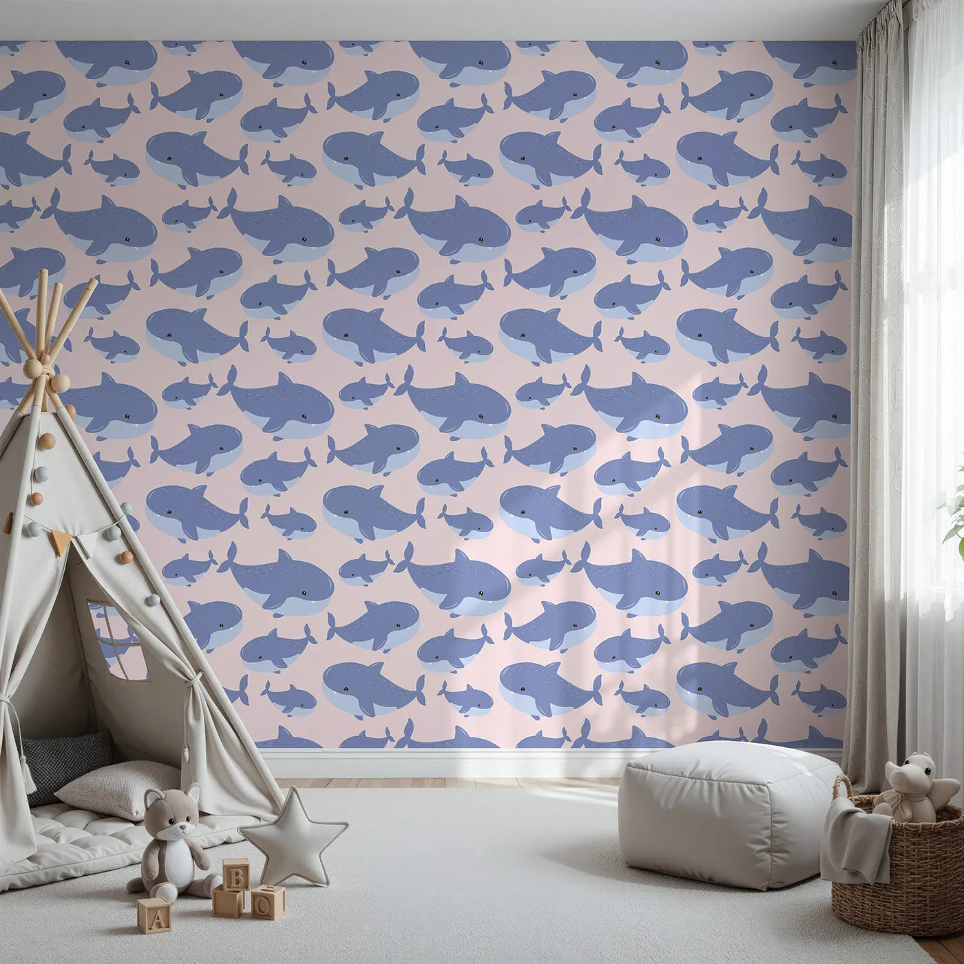 Front view of Whimsy Tots' Whale Shark Wiggles Wallpaper in Blush Pink